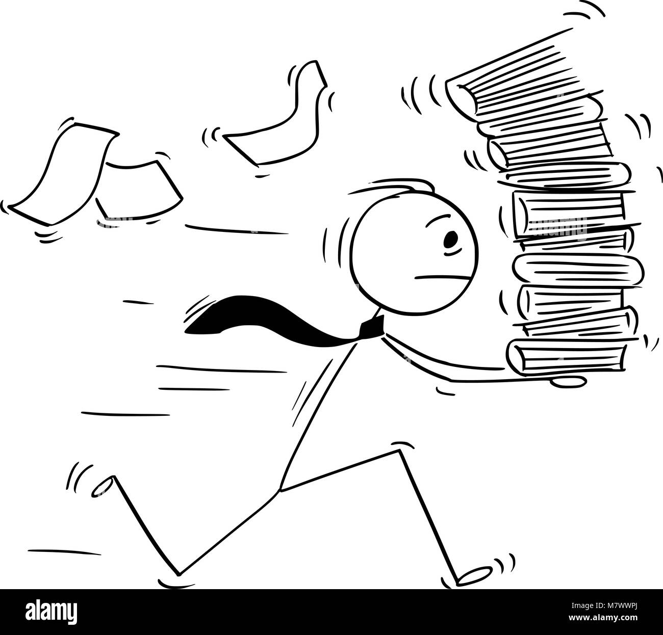 Caricature de Businessman fonctionnant avec des tas de fichiers Office Illustration de Vecteur