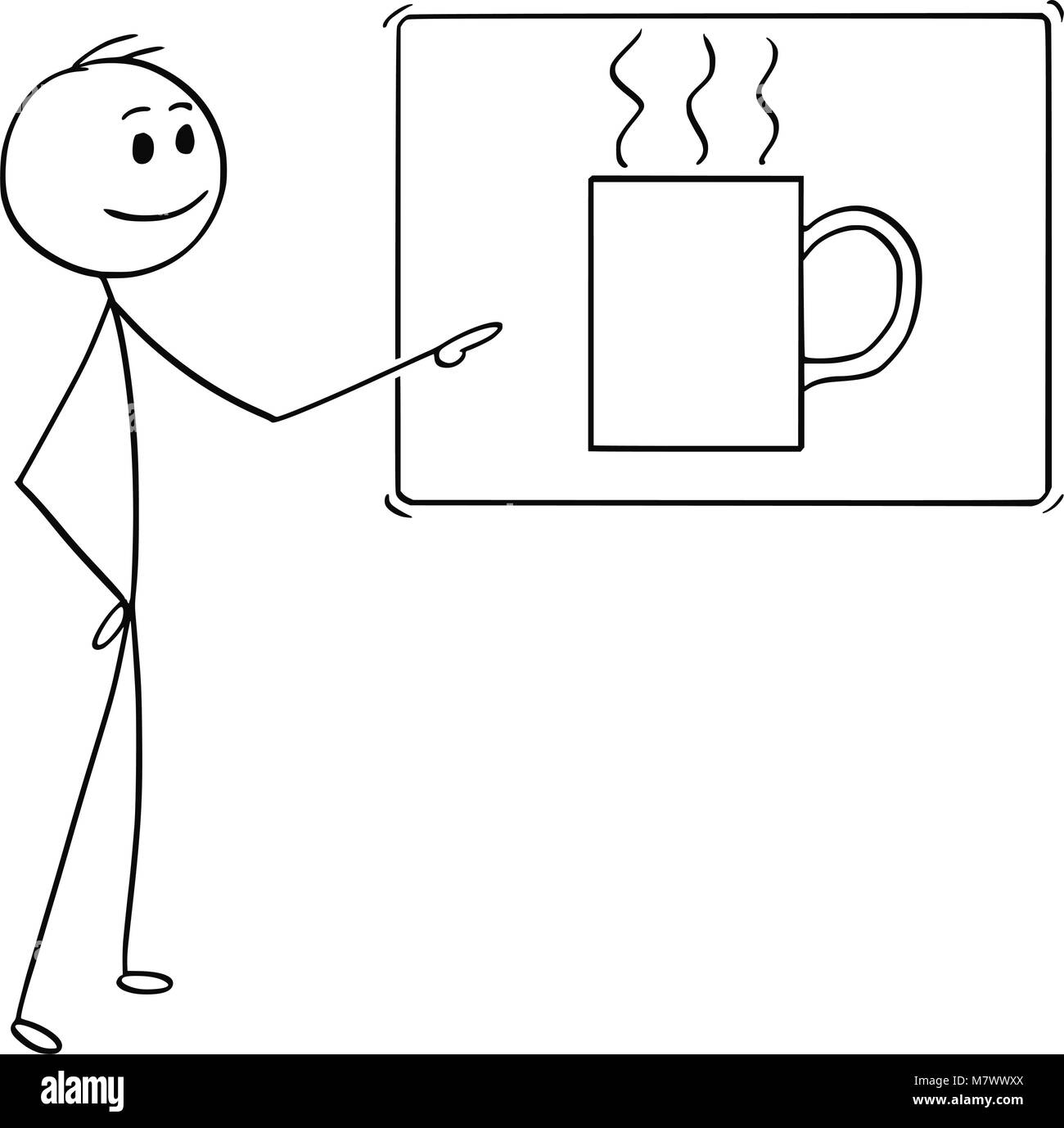 Caricature de l'homme ou Businessman Pointing at signe de Coffee Cup Illustration de Vecteur