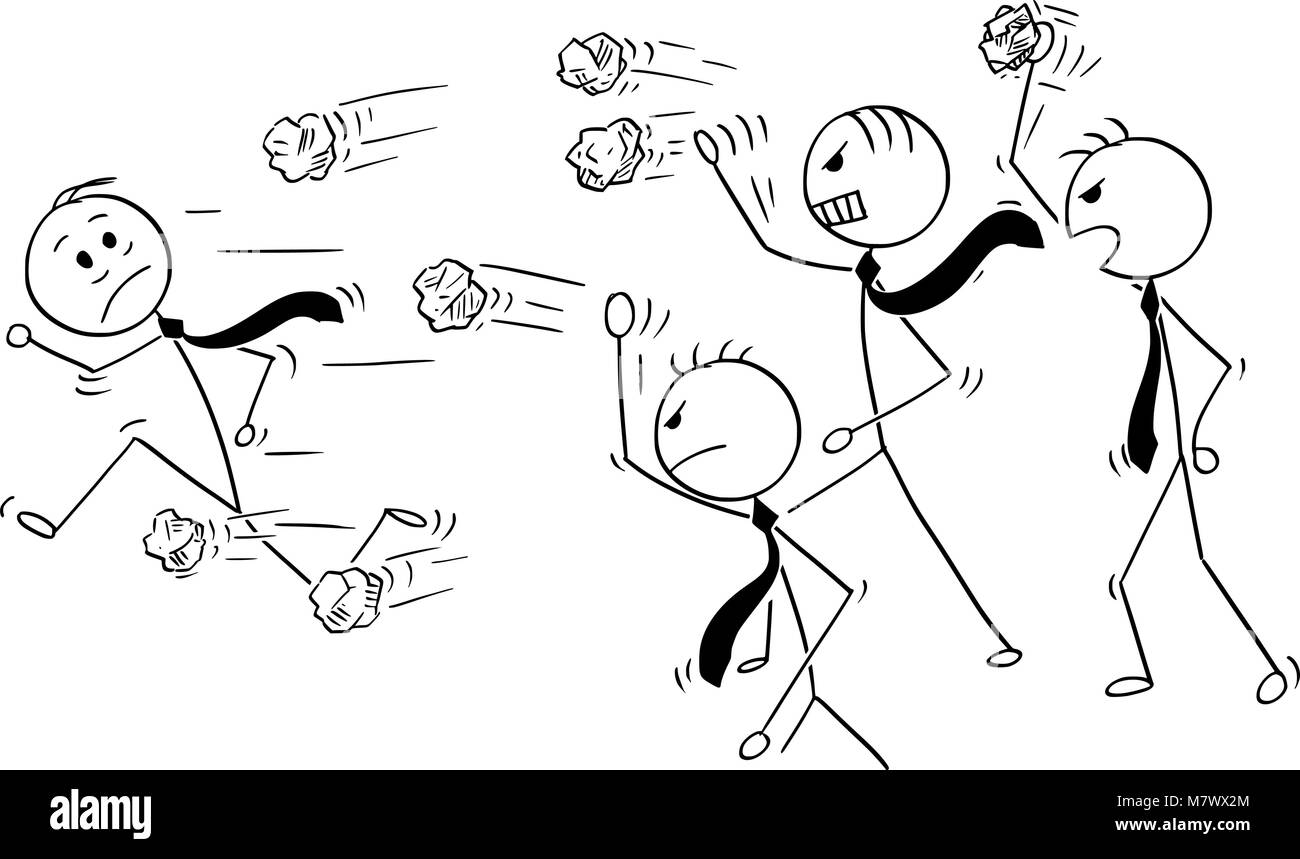 Caricature de Businessman allant du groupe de gens d'affaires en colère jetant des boules de papier Illustration de Vecteur