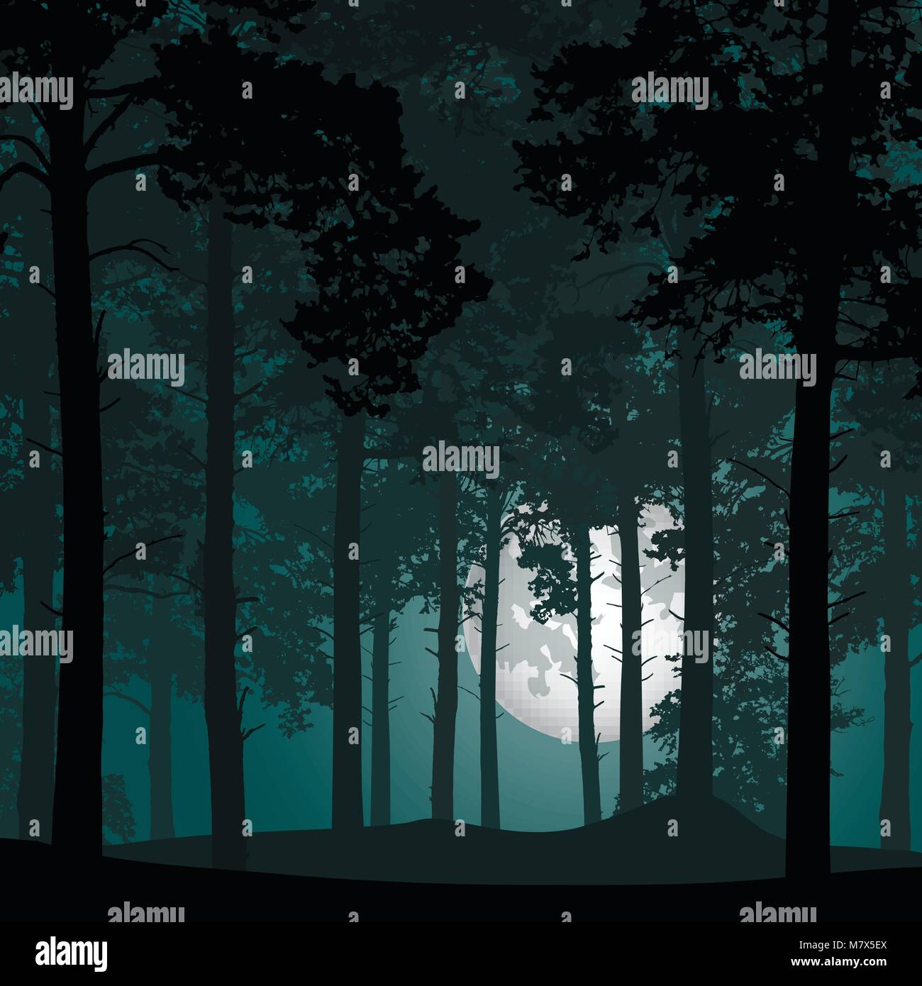 Vector illustration d'une profonde forêt de conifères, sous un ciel de nuit avec la pleine lune Illustration de Vecteur