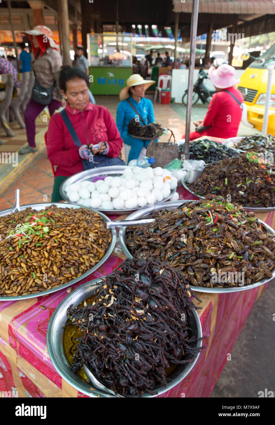 Cambodge - marché d'araignées araignées frits à la vente à un décrochage de l'alimentation dans le marché d'insectes , Skoun, Cambodge, Asie Banque D'Images