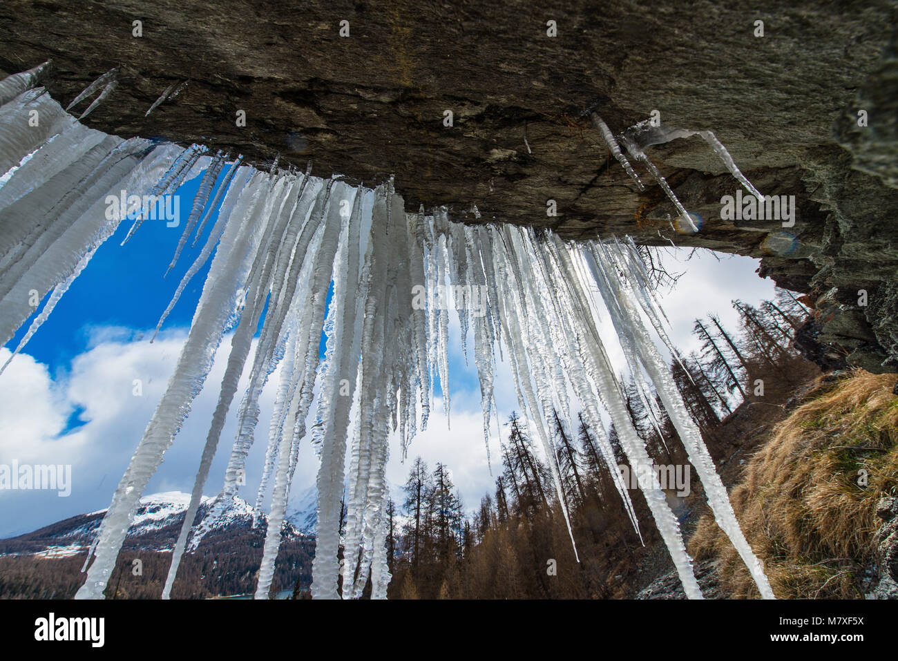 Stalactites dans une grotte dans les montagnes au printemps. Banque D'Images