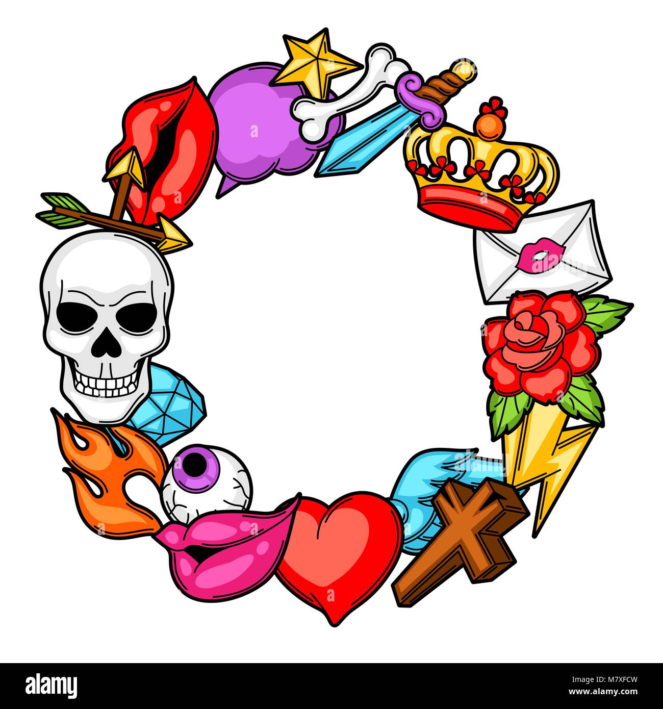 Châssis avec symboles du tatouage rétro. Cartoon illustration old school Illustration de Vecteur