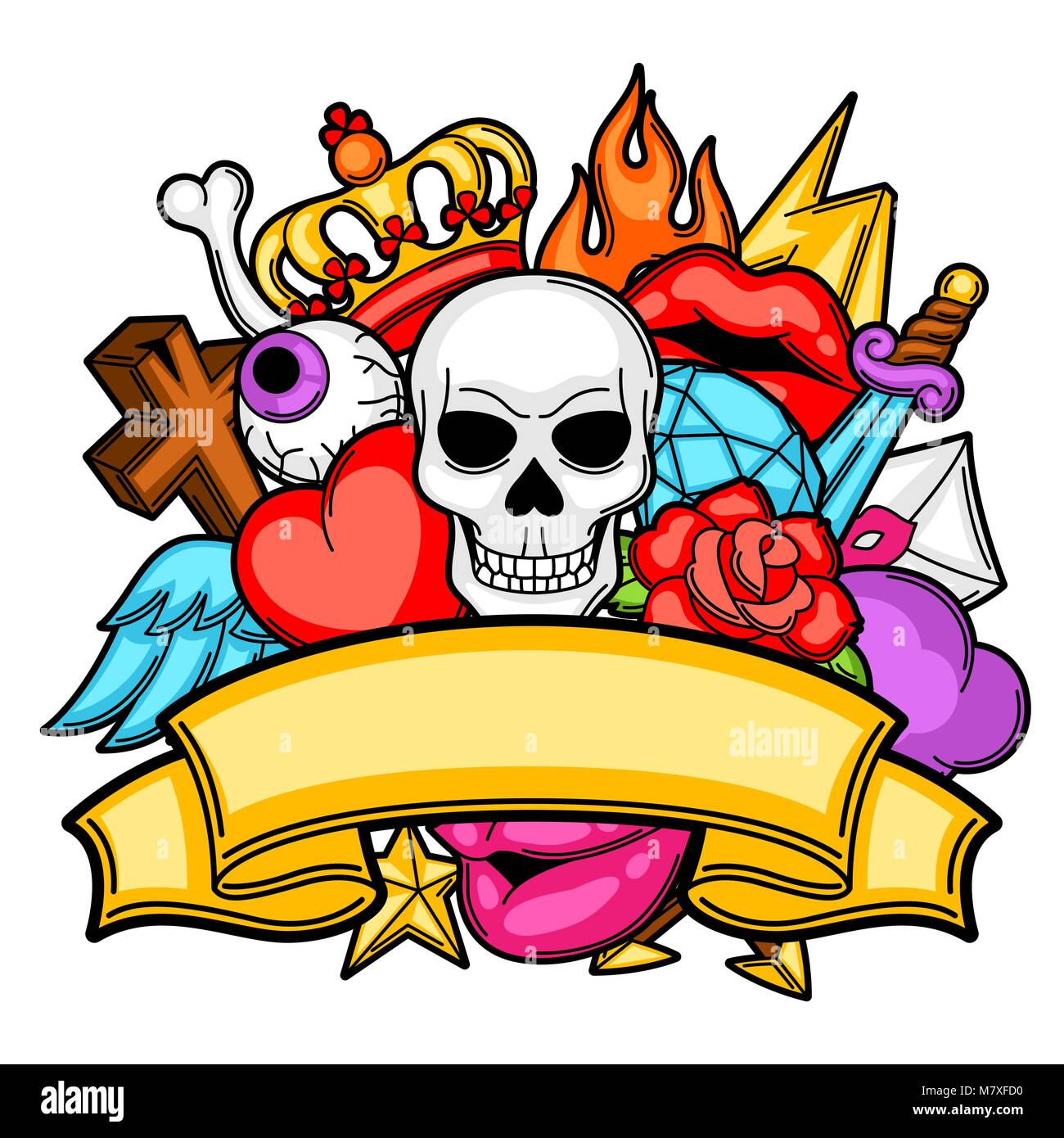 Arrière-plan avec symboles du tatouage rétro. Cartoon illustration old school Illustration de Vecteur