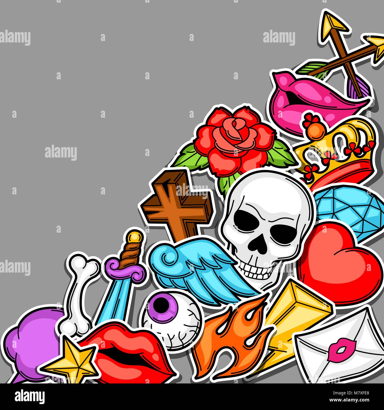 Arrière-plan avec symboles du tatouage rétro. Cartoon illustration old school Illustration de Vecteur