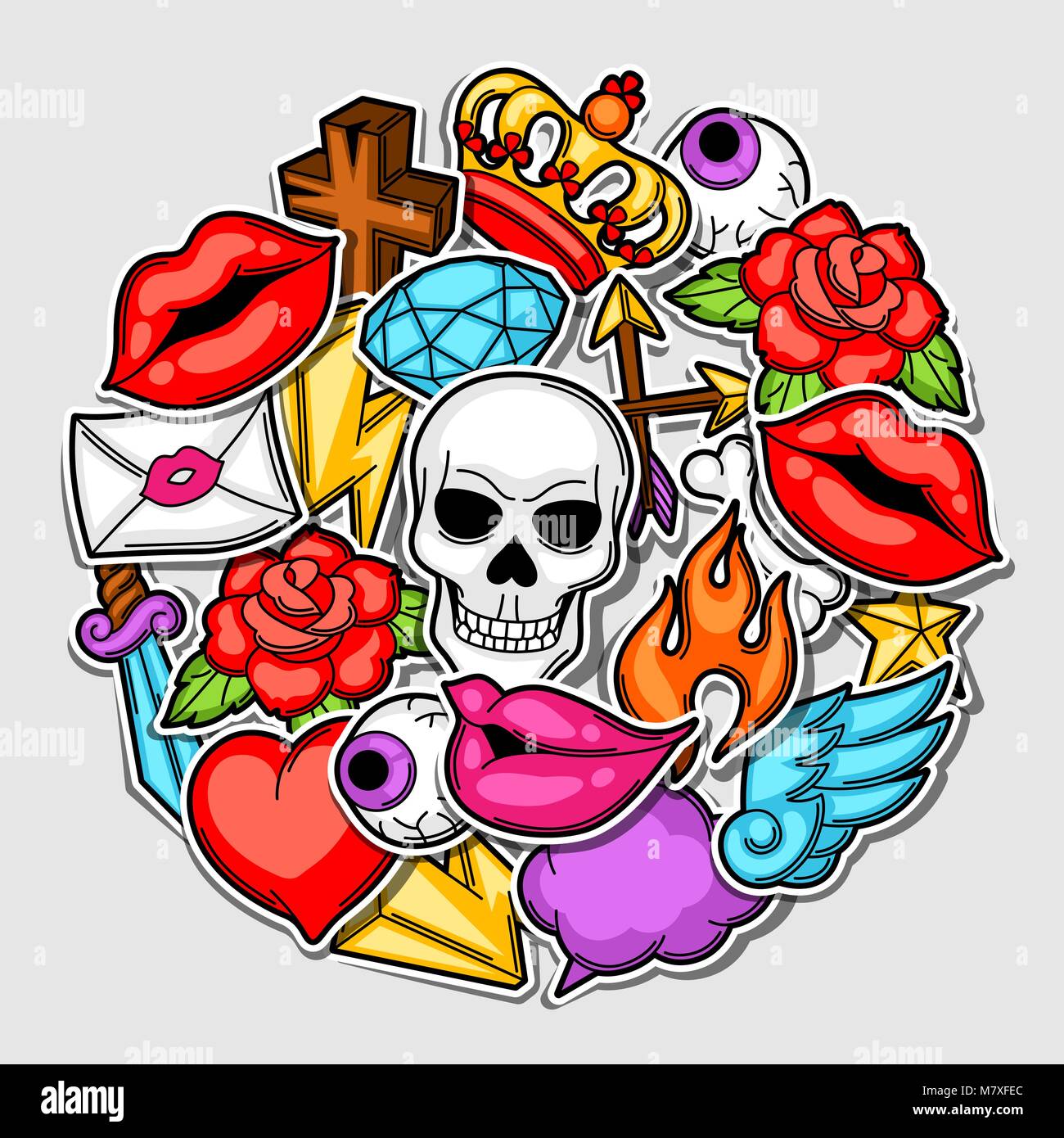 Arrière-plan avec symboles du tatouage rétro. Cartoon illustration old school Illustration de Vecteur