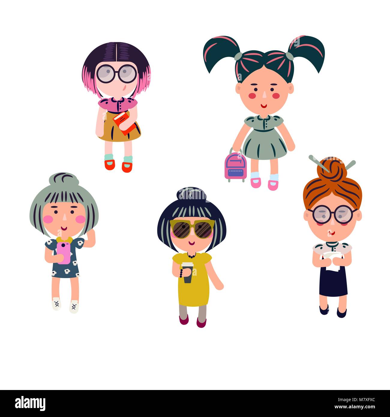 Les filles Cute cartoon vector set. Les adolescents de la mode caractères. Illustration de Vecteur