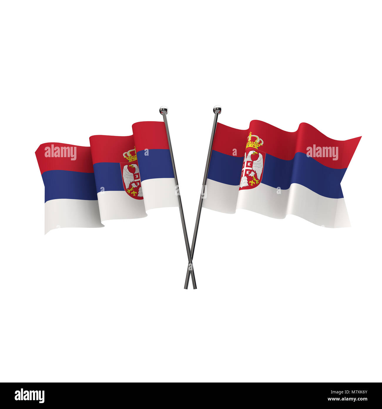 Serbie drapeaux croisés isolé sur un fond blanc. Le Rendu 3D Banque D'Images