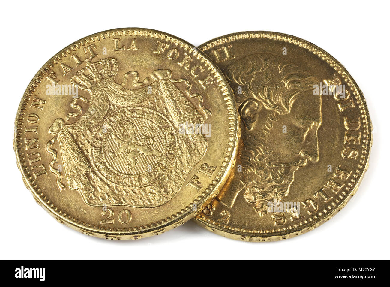 Pièces d'or de 20 Francs belge isolé sur fond blanc Banque D'Images