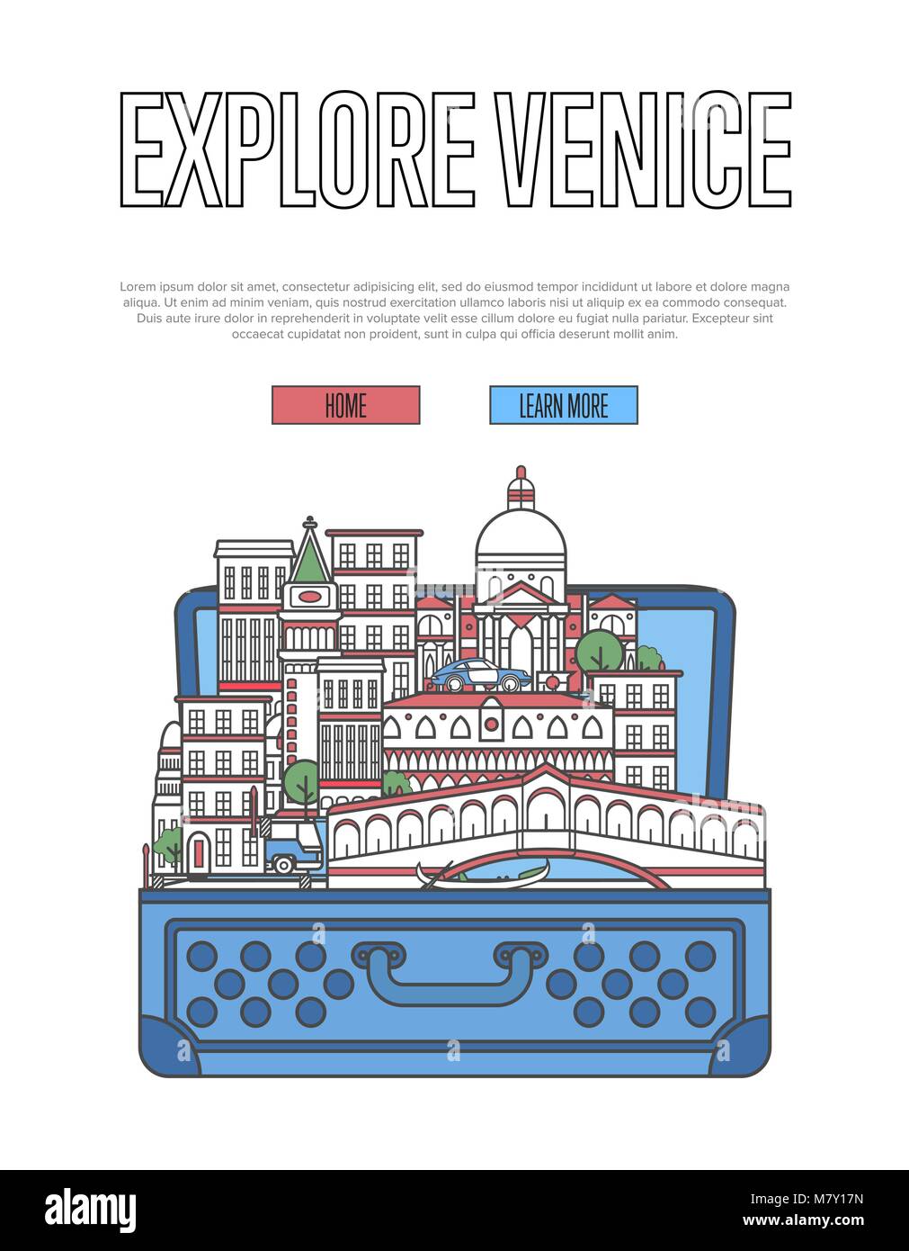 Découvrir Venise poster avec valise ouverte Illustration de Vecteur