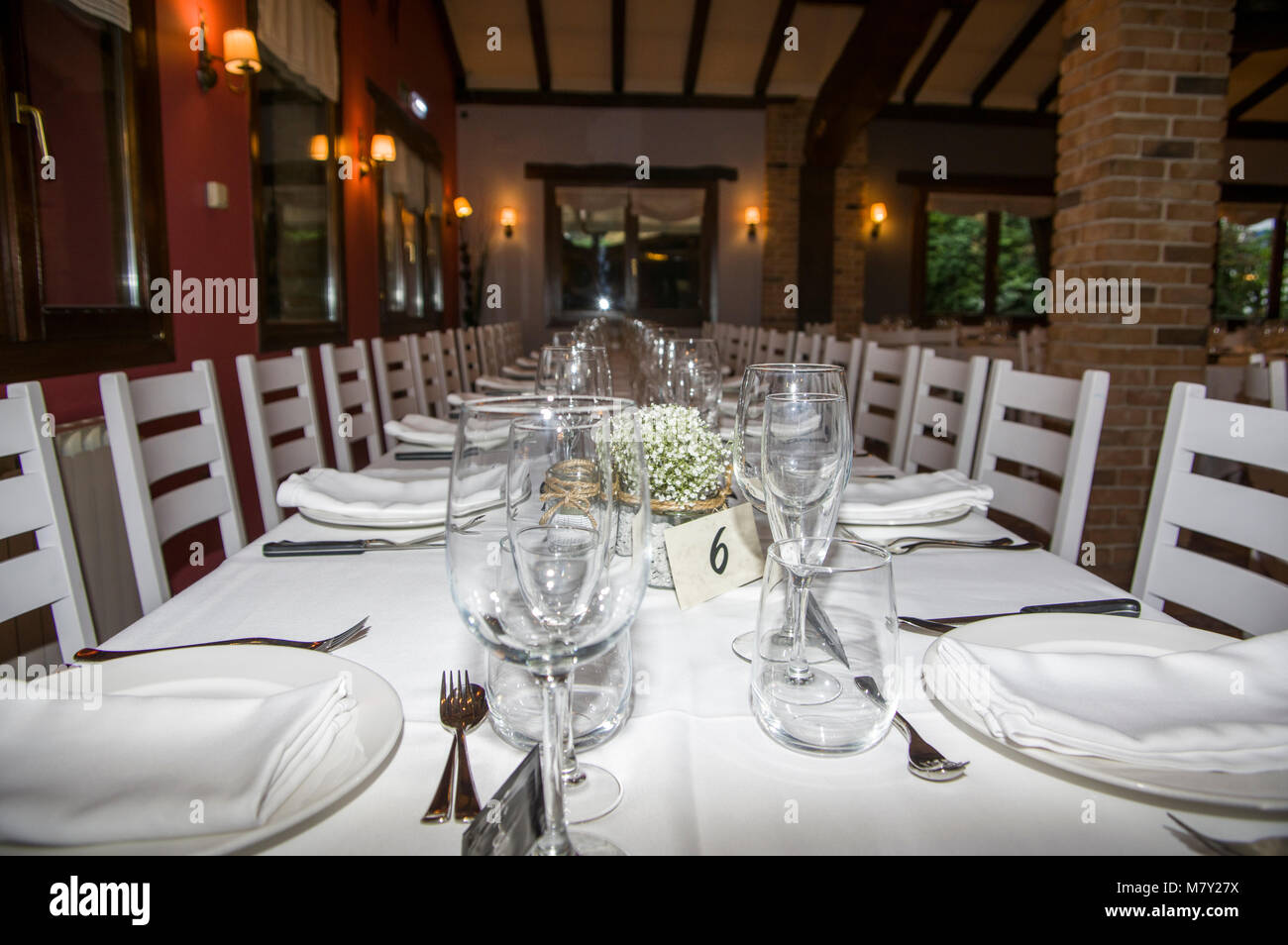 Salle à manger pour le banquet de mariage, Restaurant, Jai Alai Urrestilla, Gipuzkoa, Pays Basque, Espagne, Europe Banque D'Images