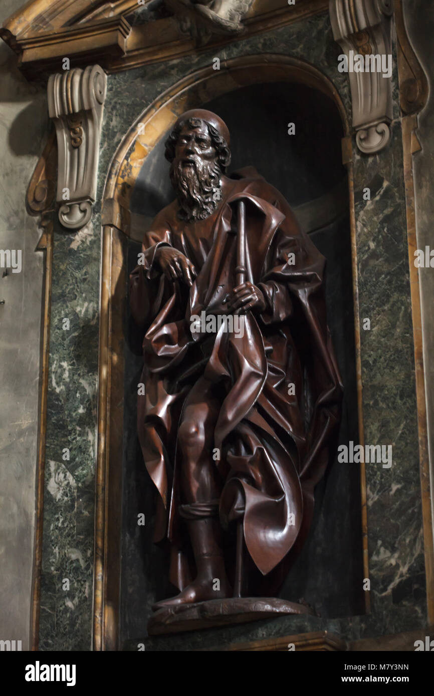 Statue en bois de Saint Roch (1510) par le sculpteur allemand Veit Stoss (Veit Stoß) dans la Basilique della Santissima Annunziata (église de la Très Sainte Annonciation) à Florence, Toscane, Italie. Banque D'Images