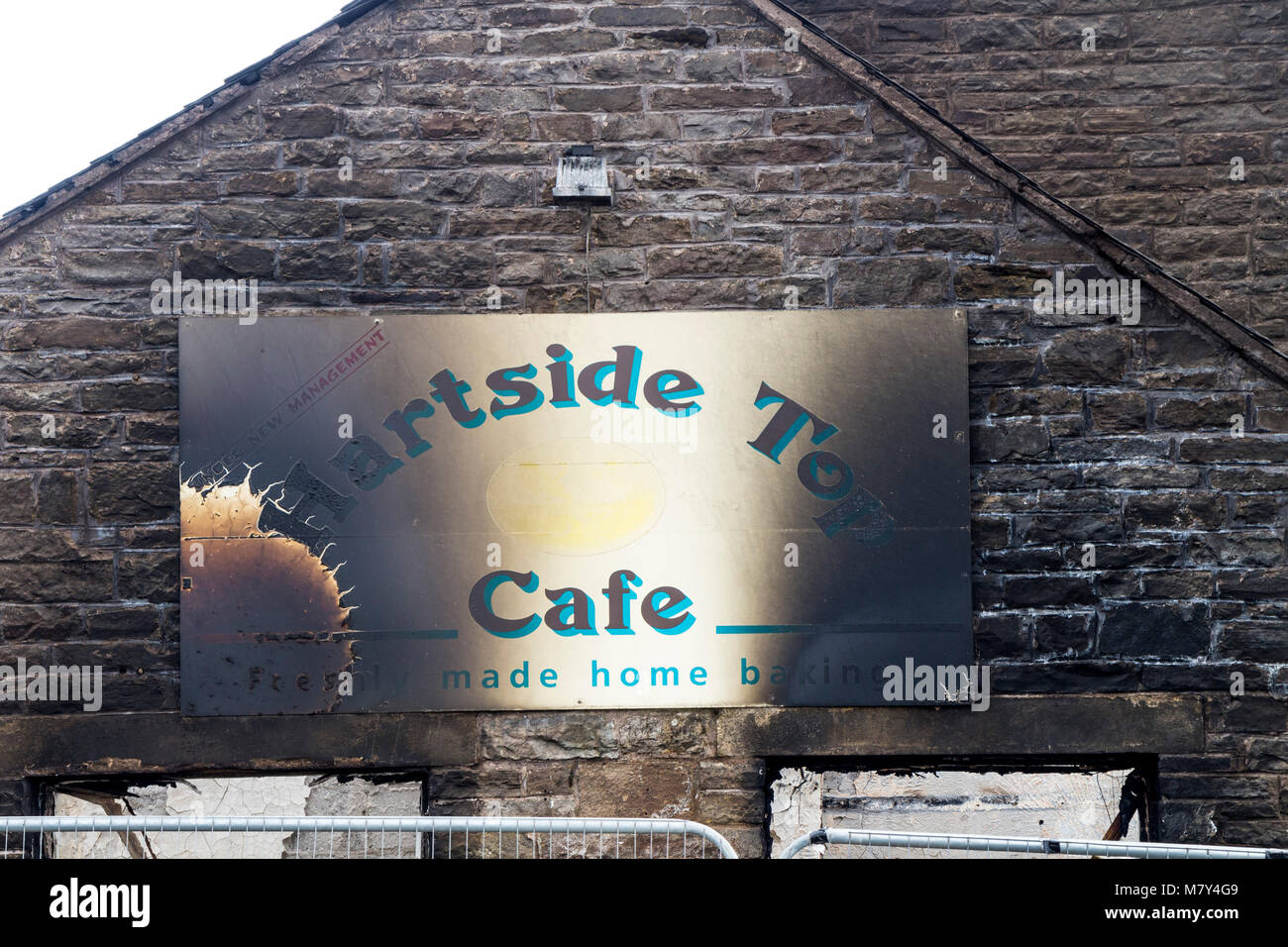 Le célèbre café près de Hartside Alston après qu'il a été détruit par un incendie en mars 2018. Banque D'Images