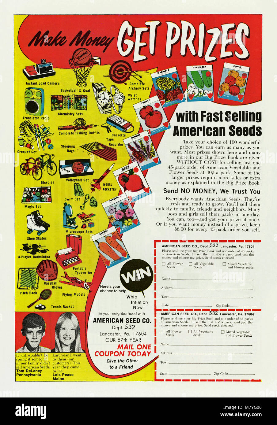 1975 Publicité pour American Seeds. Il est apparu dans une bande dessinée pour enfants. L'American Seed Company, basée à Lancaster, Pennsylvanie, USA, a donné une incitation à acheter le paquet de graines. L'acheteur pourrait gagner des prix tels qu'une montre-bracelet, magnétophone à cassette, patins à roulettes et un vélo. Une commande se compose de 45 lots de semences et l'annonce indique que l'acheteur est un vendeur à vos amis et voisins. La copie de l'annonce indique qu'afin de demander un prix plus précieux il prendra plus de 45-pack achats (il ne dit pas combien). Banque D'Images