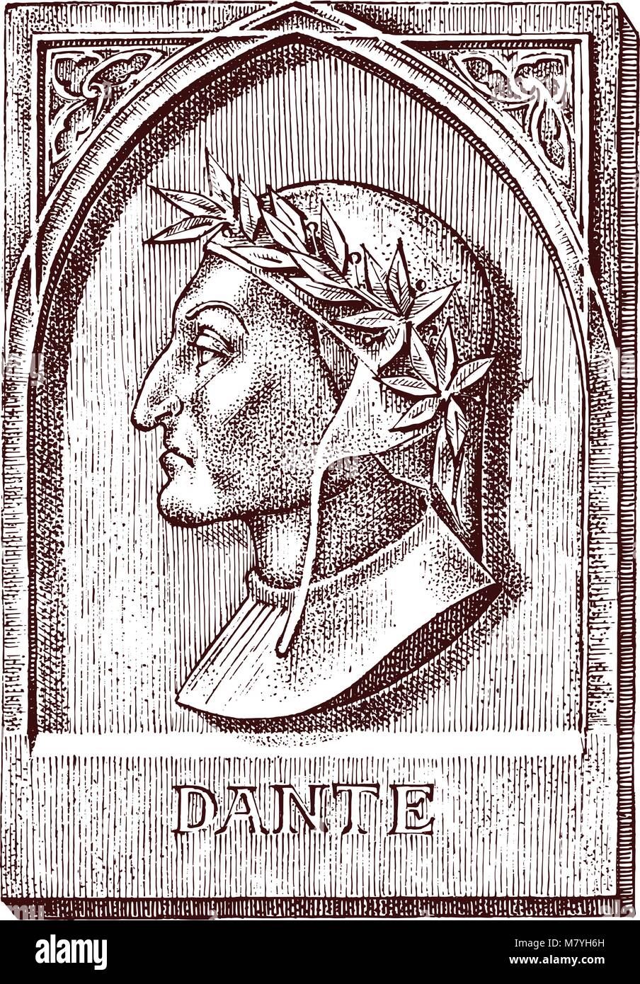 Dante Alighieri. Pour l'élément de l'architecture, du design à la construction pour tatouage ou t-shirt design. Symbole de la science, de la psychologie. Génie et créateur de l'univers. croquis dessinés à la main, gravée dans un style vintage. Illustration de Vecteur