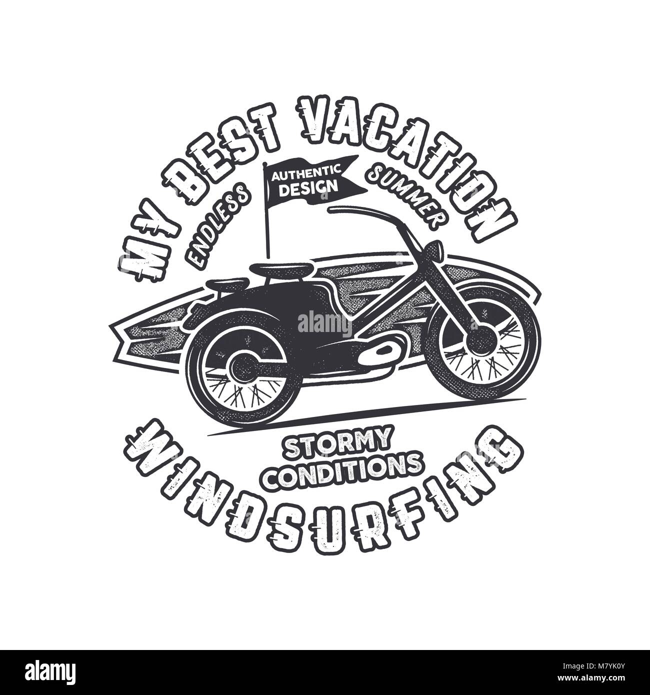 Planche à voile à la main vintage tee. Conception graphique logo surf. Billet d'été t shirt, concept de l'affiche avec retro surf et moto. Logo surf modèle. Vecteur d'actions isolées de l'emblème Illustration de Vecteur