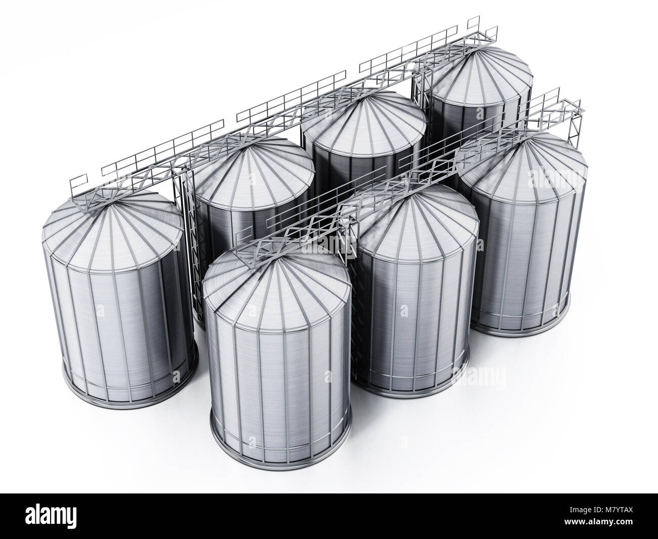 Les silos à grain de l'acier ondulé isolé sur fond blanc. 3D illustration. Banque D'Images