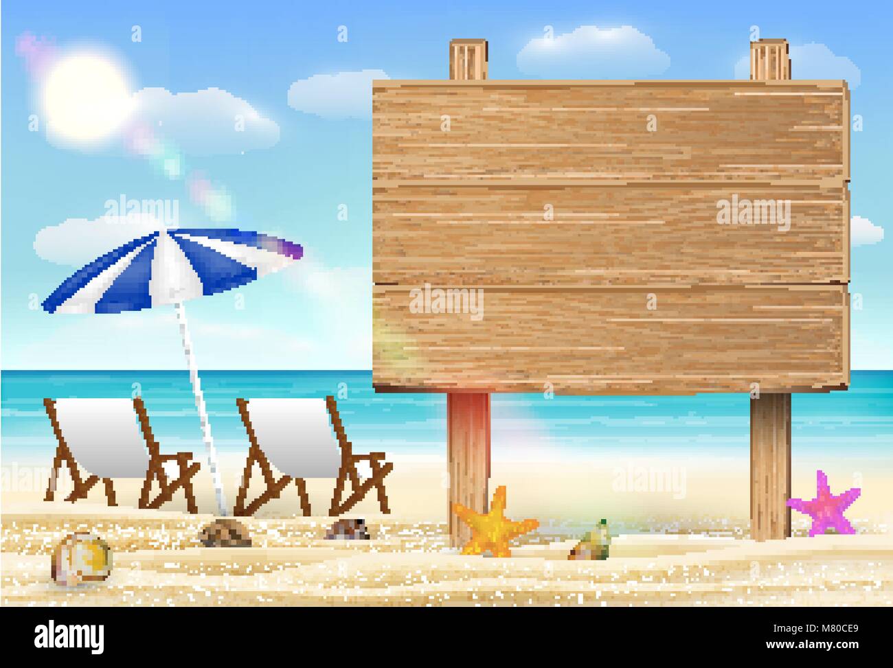 Inscrivez-board sur la plage de sable de mer avec chaise relax Illustration de Vecteur