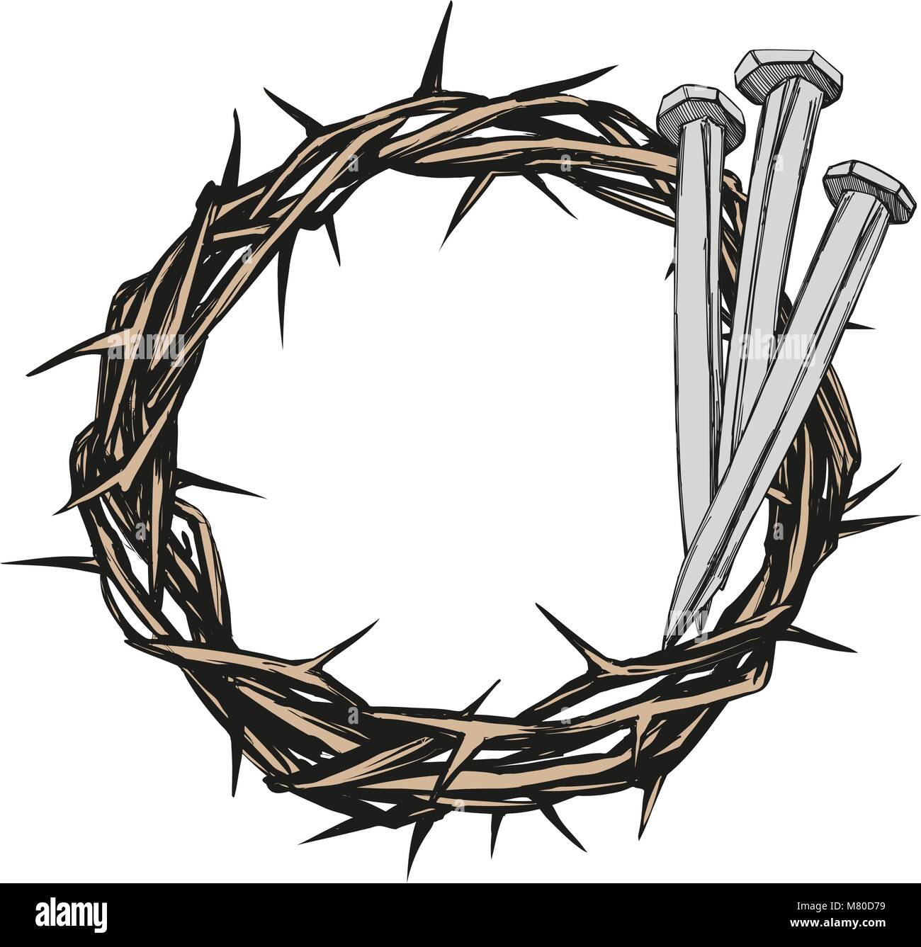 Couronne d'épines, clous, Pâques symbole religieux du Christianisme hand drawn vector illustration croquis Illustration de Vecteur