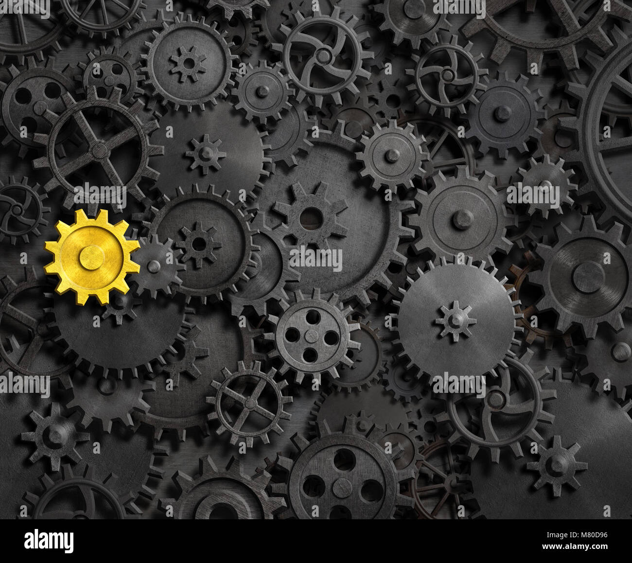 Vieux engrenages et pignons avec de l'or un 3d illustration Banque D'Images
