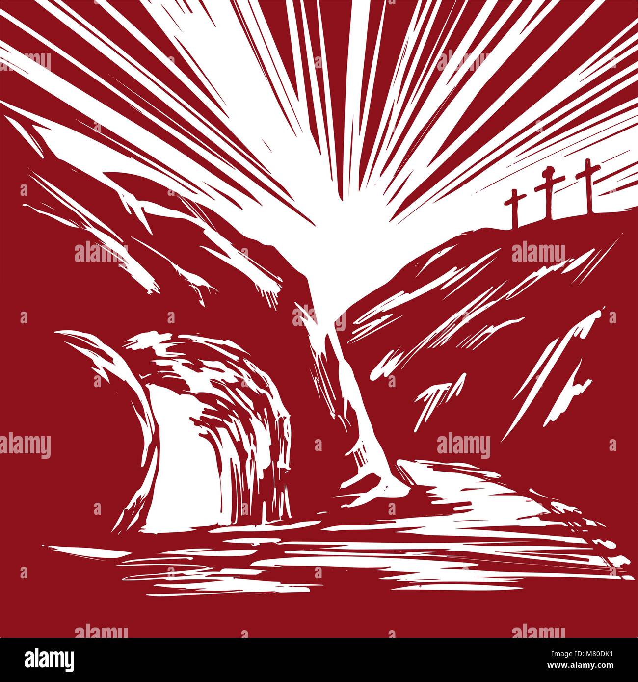 Pâques, Jésus Christ est ressuscité des morts. Dimanche matin. À l'aube. Le tombeau vide à l'arrière-plan de la crucifixion. symbole du christianisme hand drawn vector illustration croquis Illustration de Vecteur