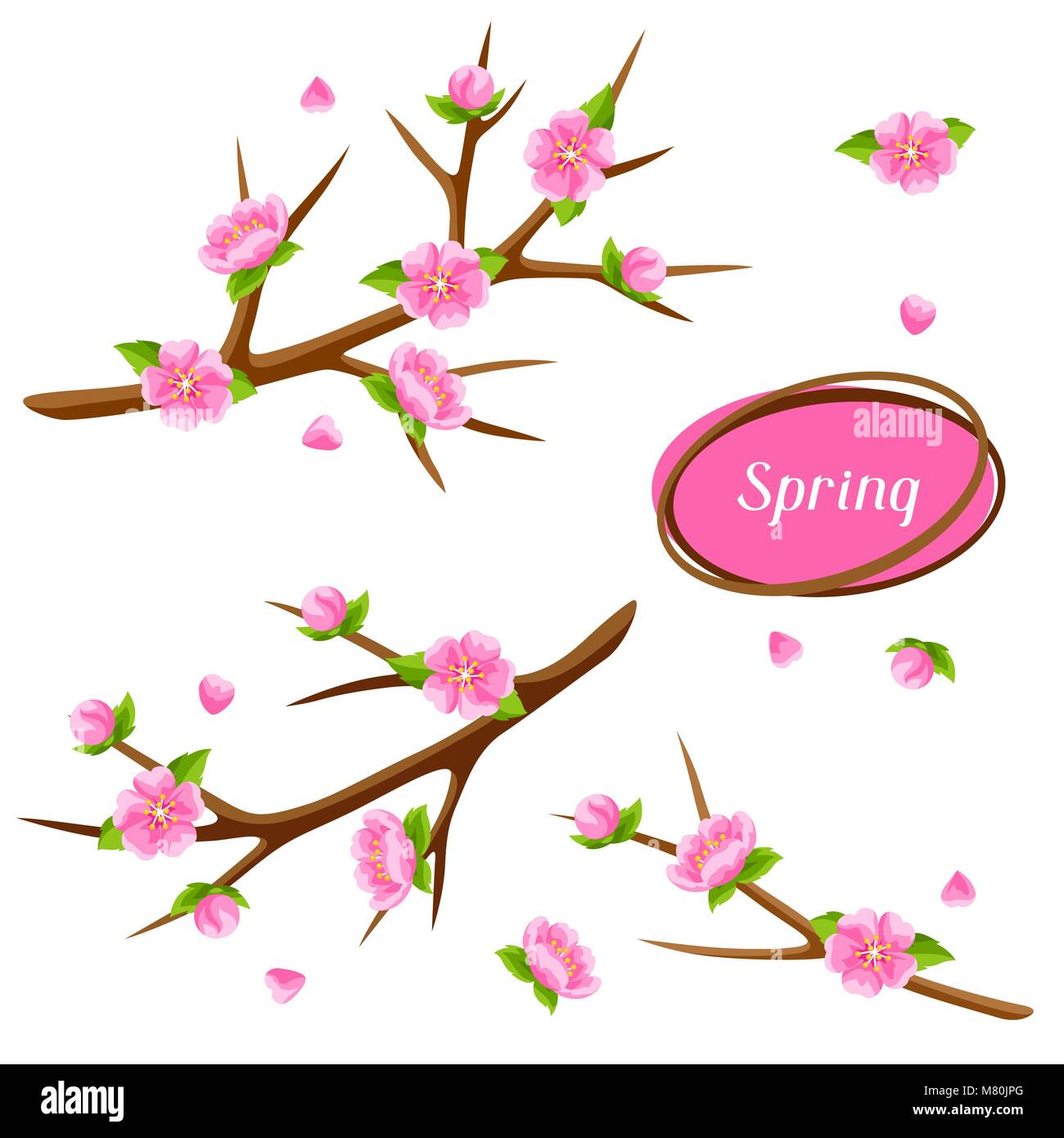 Jeu de ressort avec des branches d'arbre et sakura fleurs. Illustration de saison Illustration de Vecteur