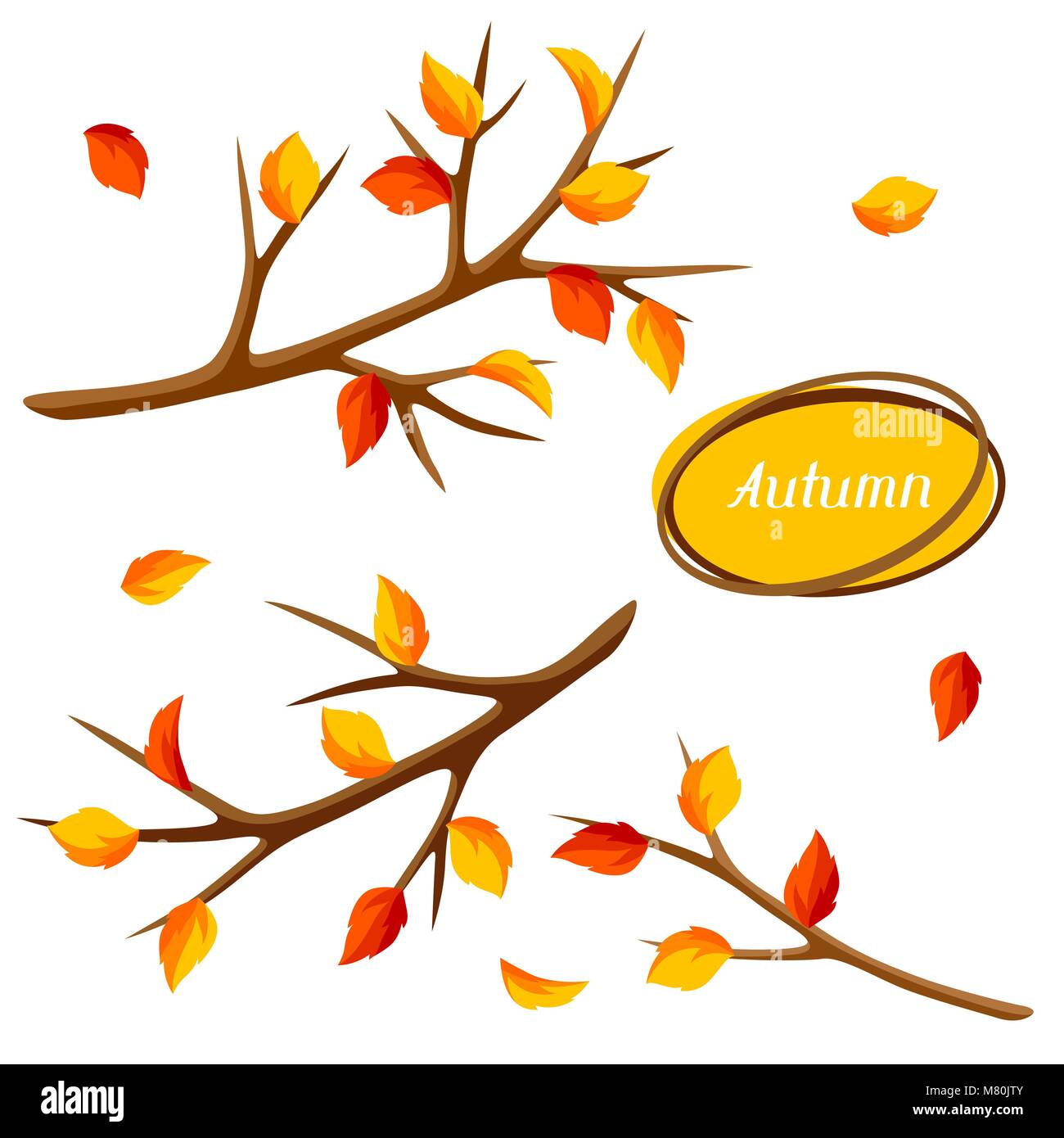 Jeu de l'automne avec des branches d'arbre et des feuilles jaunes. Illustration de saison Illustration de Vecteur