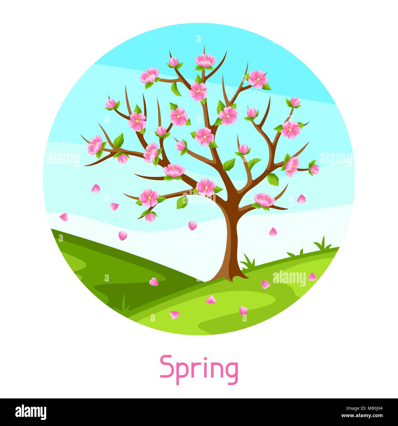 Paysage de printemps avec arbres et fleurs de Sakura. Illustration de saison Illustration de Vecteur