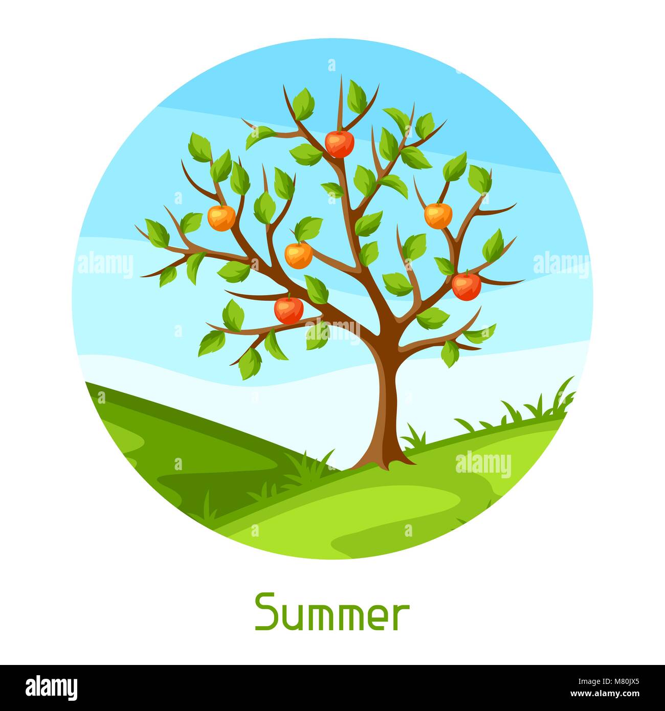 Paysage d'été avec l'arbre vert et les pommes. Illustration de saison Illustration de Vecteur