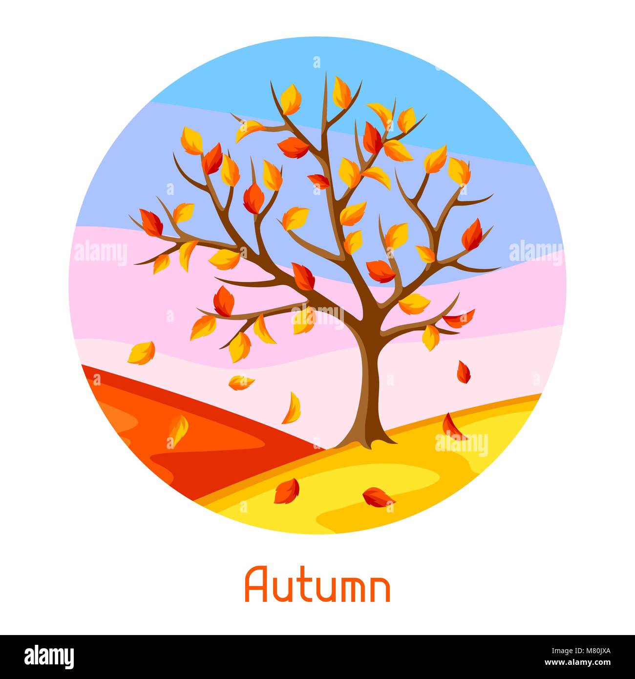 Paysage d'automne avec un arbre et des feuilles jaunes. Illustration de saison Illustration de Vecteur