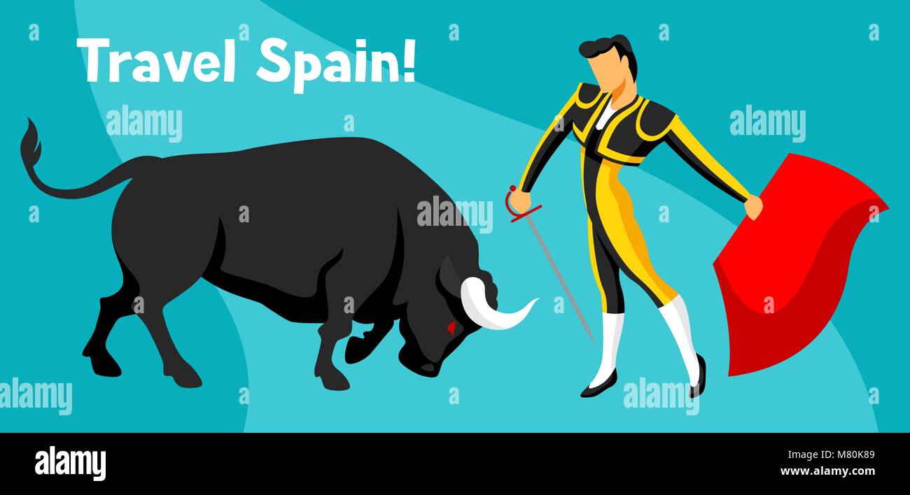 Corrida espagnole traditionnelle. Bull et toreador avec épée et cape rouge Illustration de Vecteur