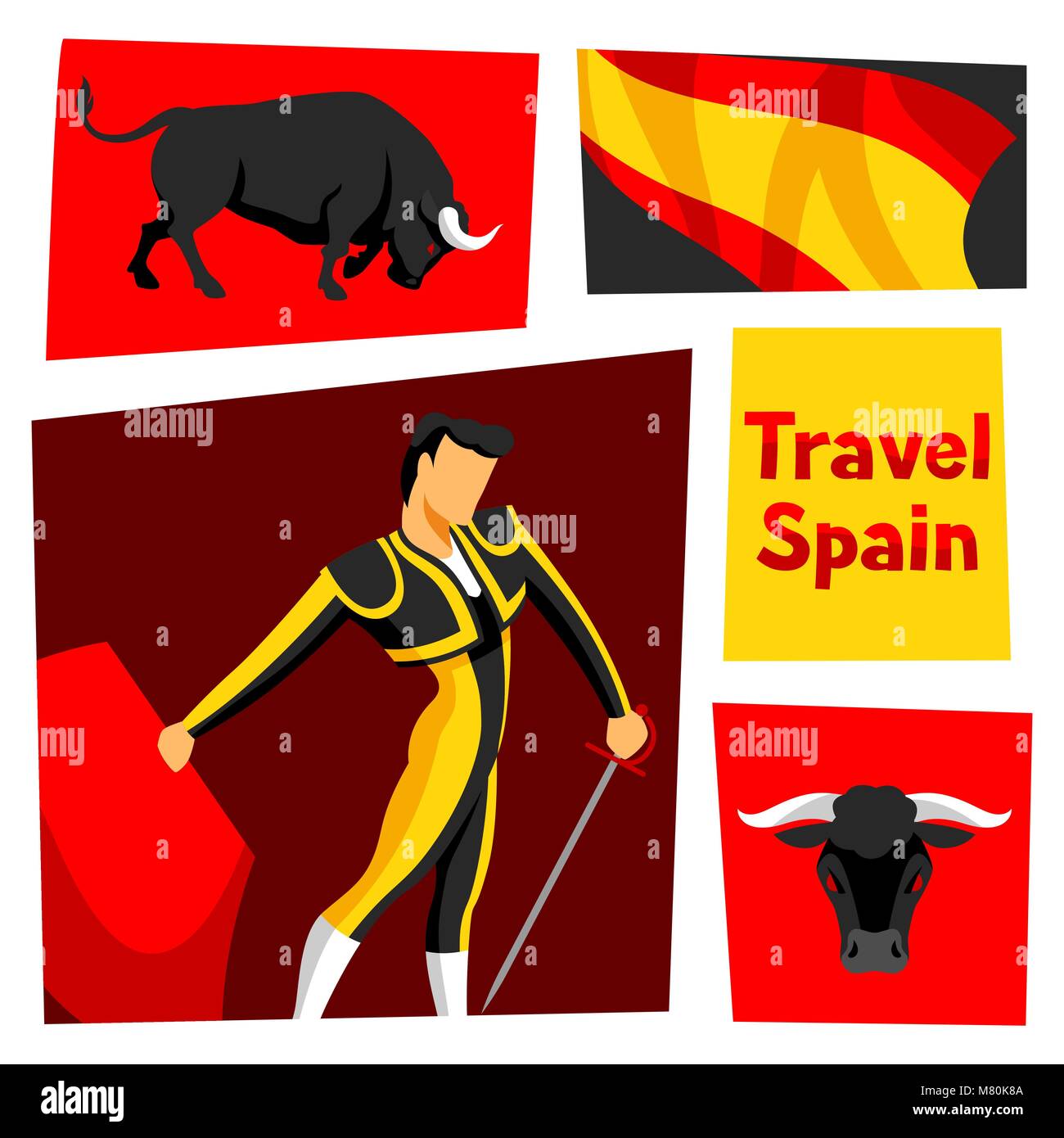 Corrida espagnole traditionnelle. Bull et toreador avec épée et cape rouge Illustration de Vecteur