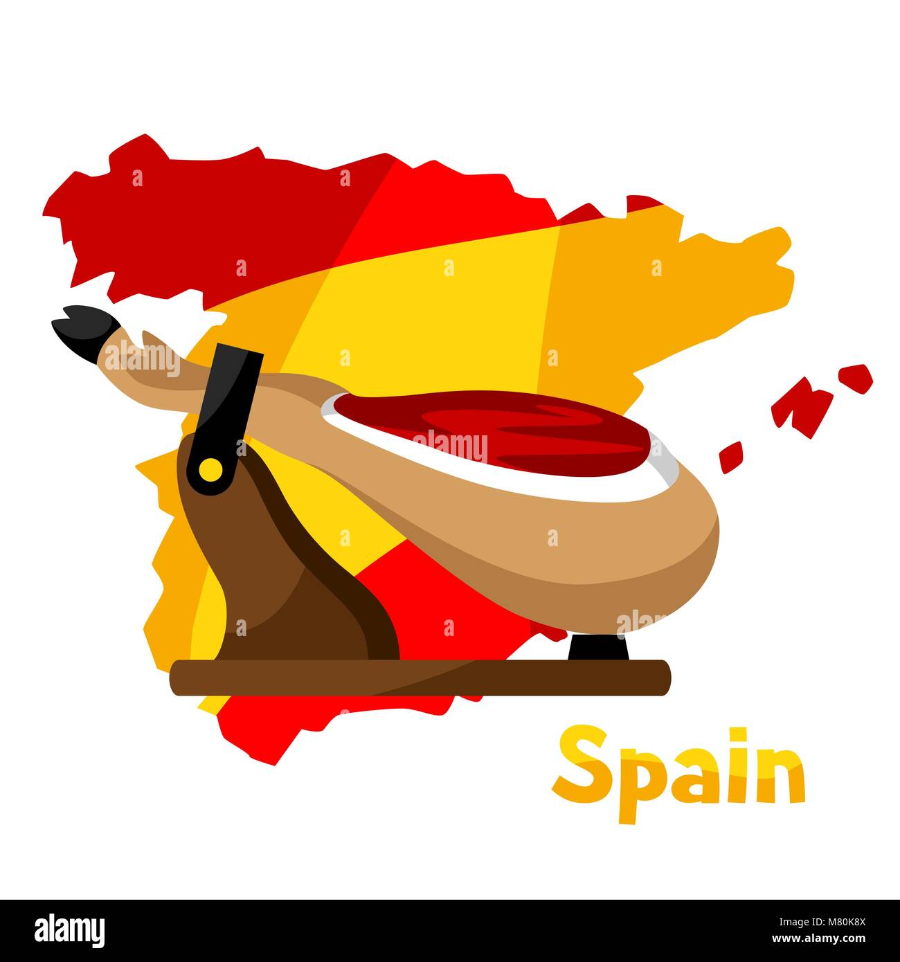 Cuisine espagnole traditionnelle jamon. Illustration de la cuisse de porc sur fond de carte de l'Espagne Illustration de Vecteur