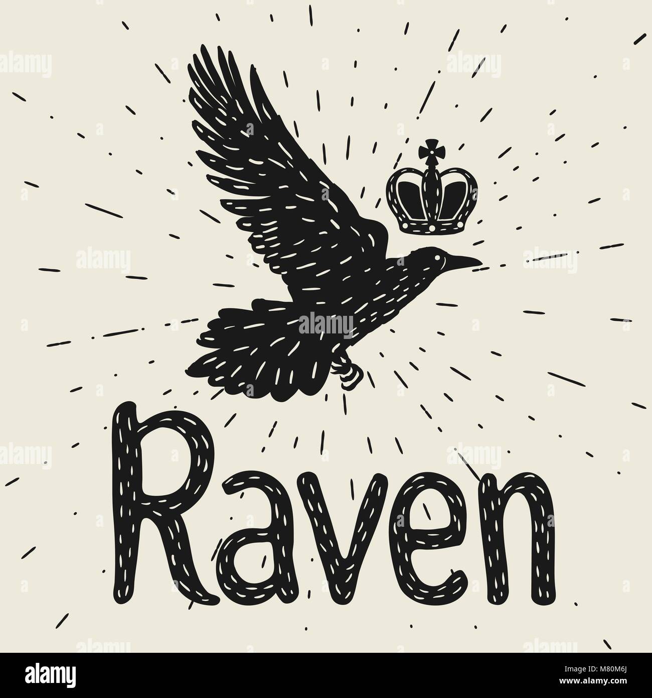 Avec l'arrière-plan de vol noir corbeau. La main d'oiseaux et de la couronne d'encre Illustration de Vecteur