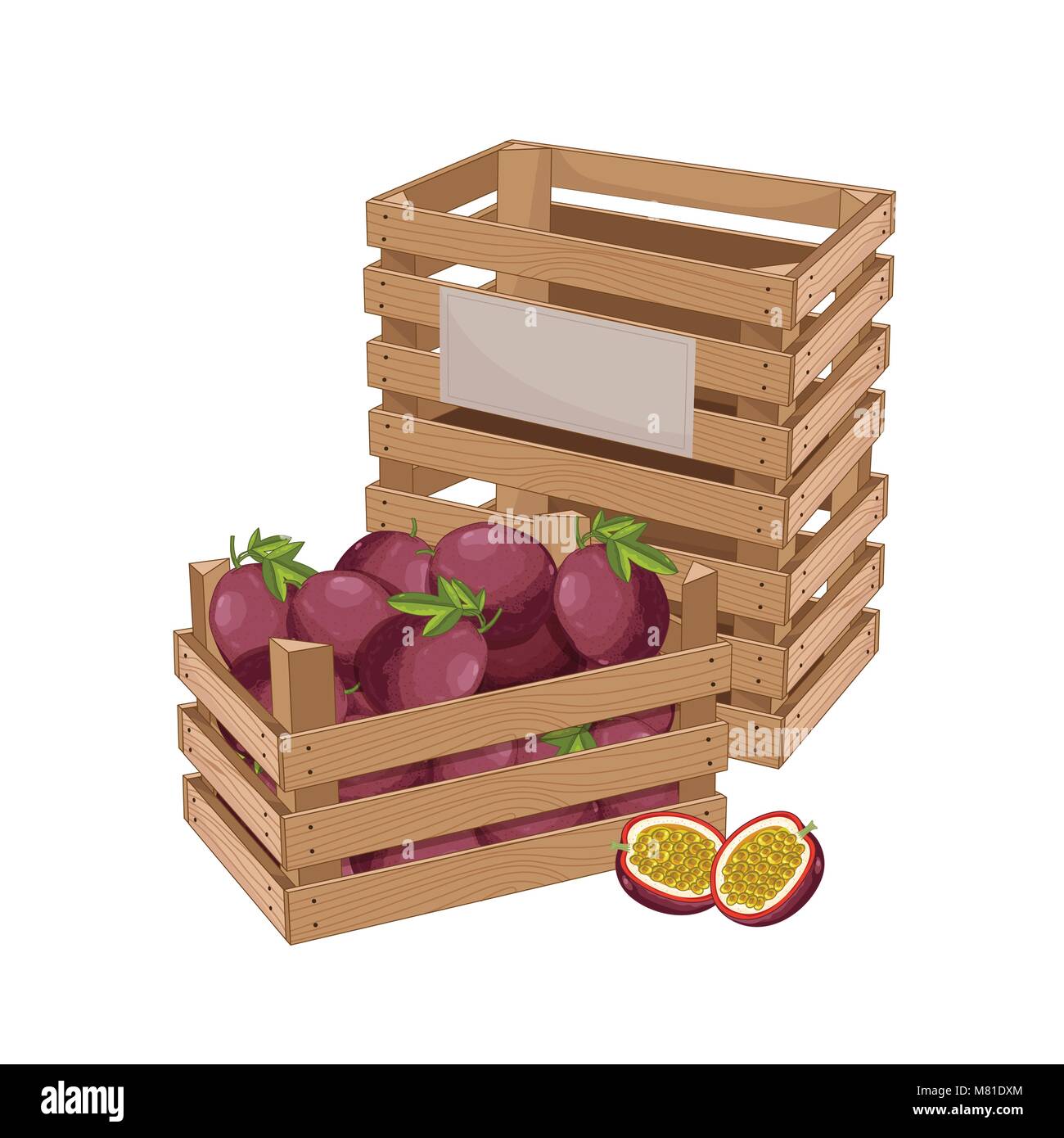 Boîte en bois plein de passion fruits isolés vector Illustration de Vecteur