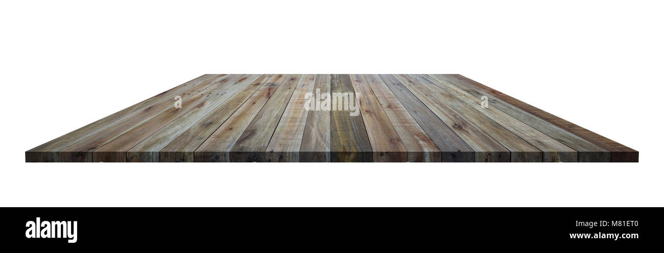 Vide haut de planche en bois ou un comptoir isolé sur fond blanc. Enregistré avec chemin de détourage. Montage photo ou pour l'affichage des produits Banque D'Images