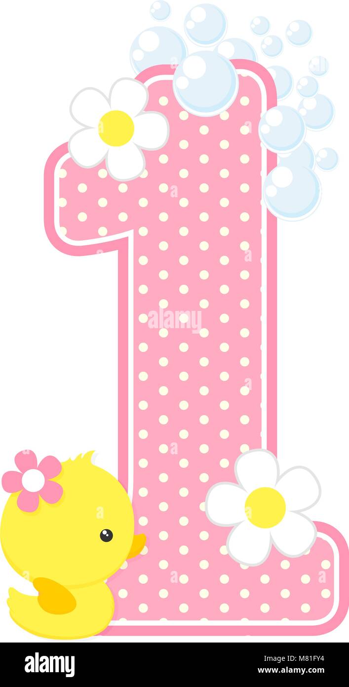 Numéro 1 avec bulles et mignon canard en caoutchouc isolé sur blanc. peut être utilisé pour des annonces de naissance bébé fille, pépinière décoration, thème de partie ou birthd Illustration de Vecteur
