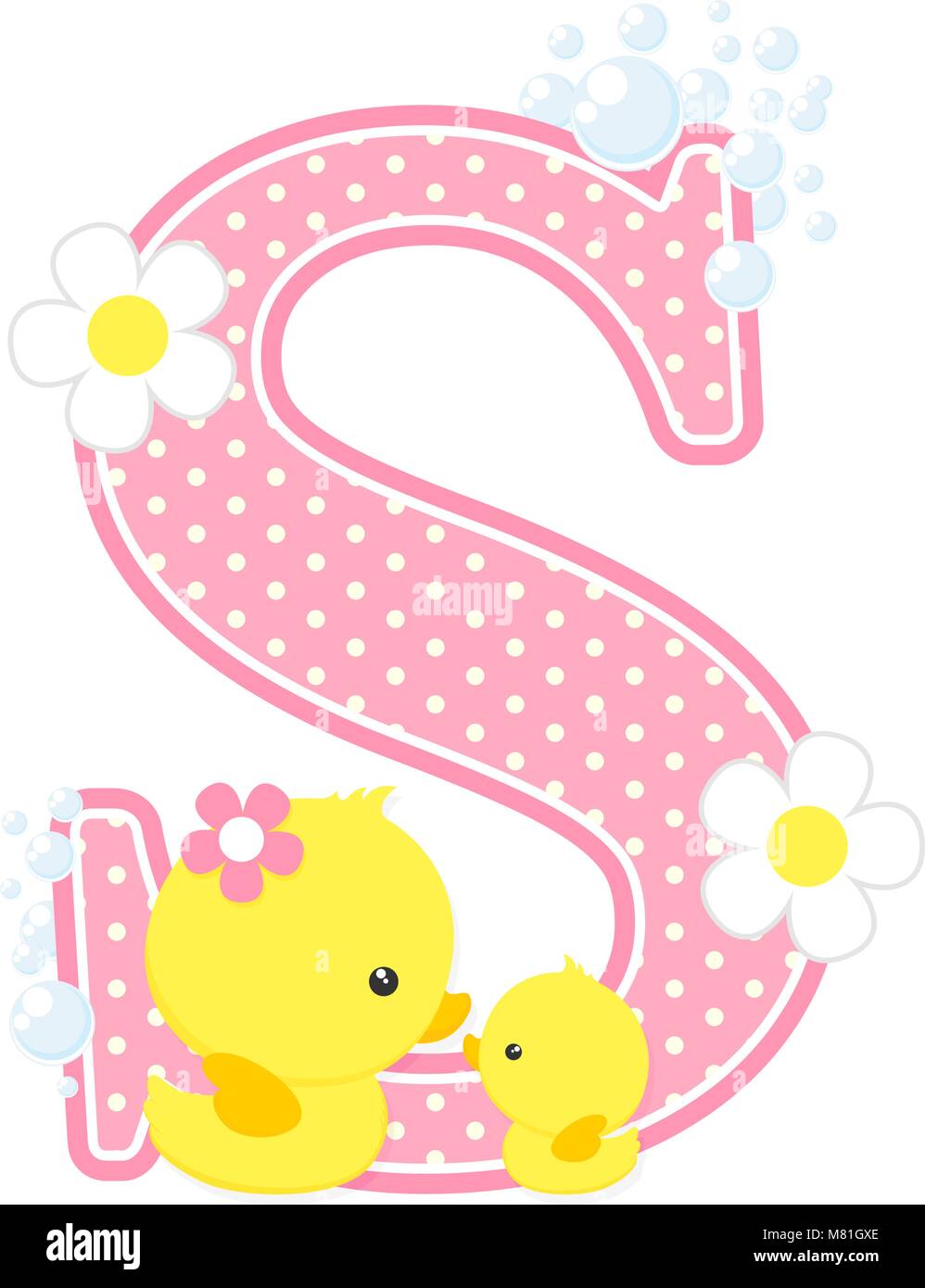 S initial avec fleurs et mignon bébé et maman canard isolé sur blanc. peut être utilisé pour des annonces de naissance bébé fille, nursery decoration, fête des c Illustration de Vecteur