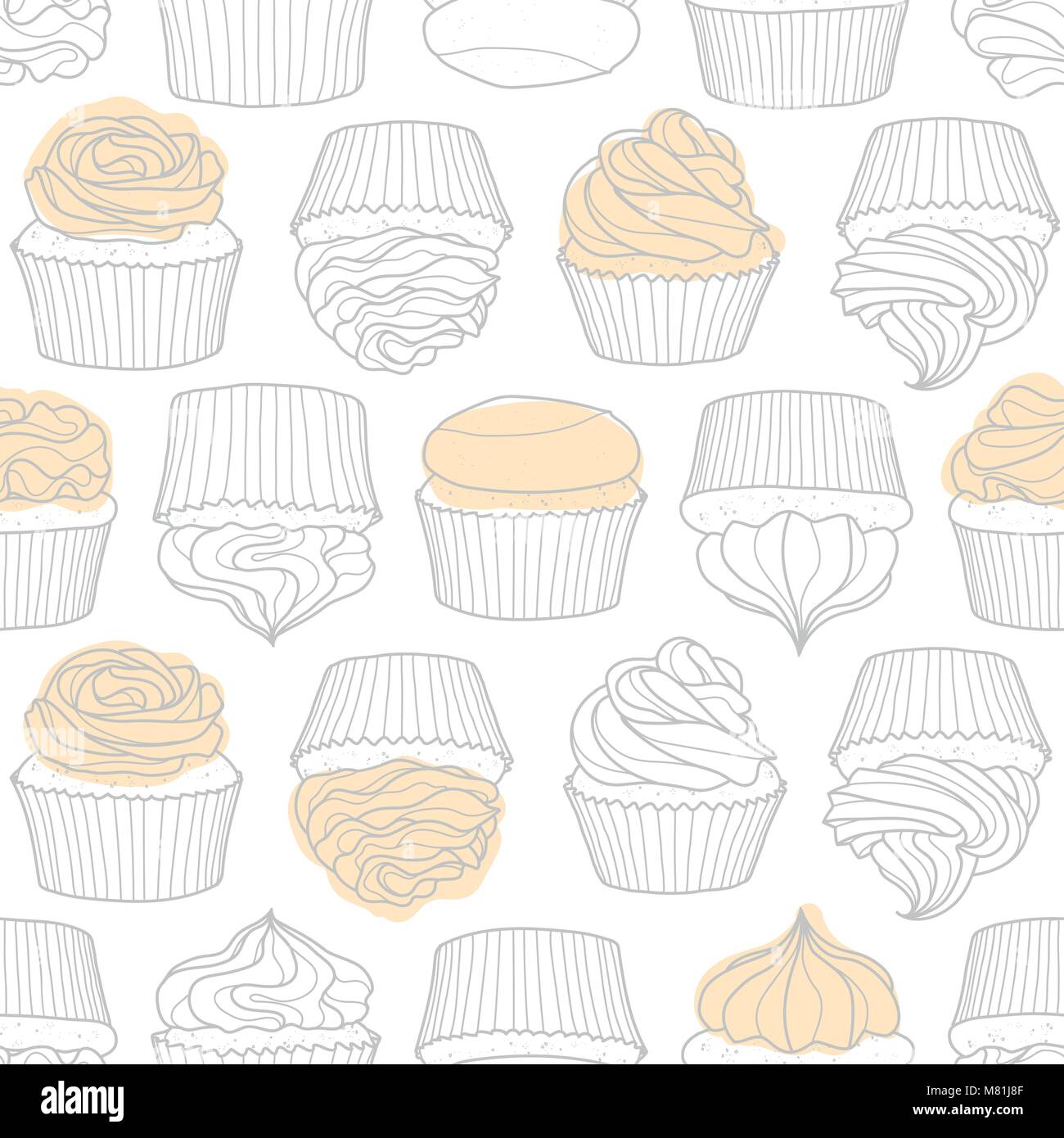 8 styles d'aléatoire cupcake sur fond blanc. Cute hand drawn seamless pattern de dessert dans contour gris et rose pastel avion. Illustration de Vecteur