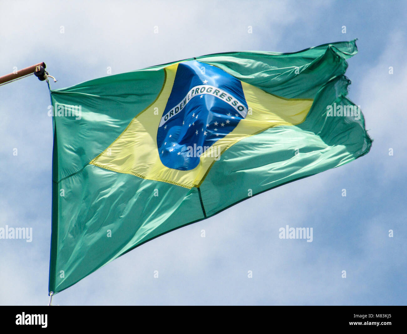 Le drapeau brésilien est vert, symbolique de jardins, champs et forêts.avec un grand losange jaune, symbole de l'or du Brésil et d'un blue globe céleste. Banque D'Images
