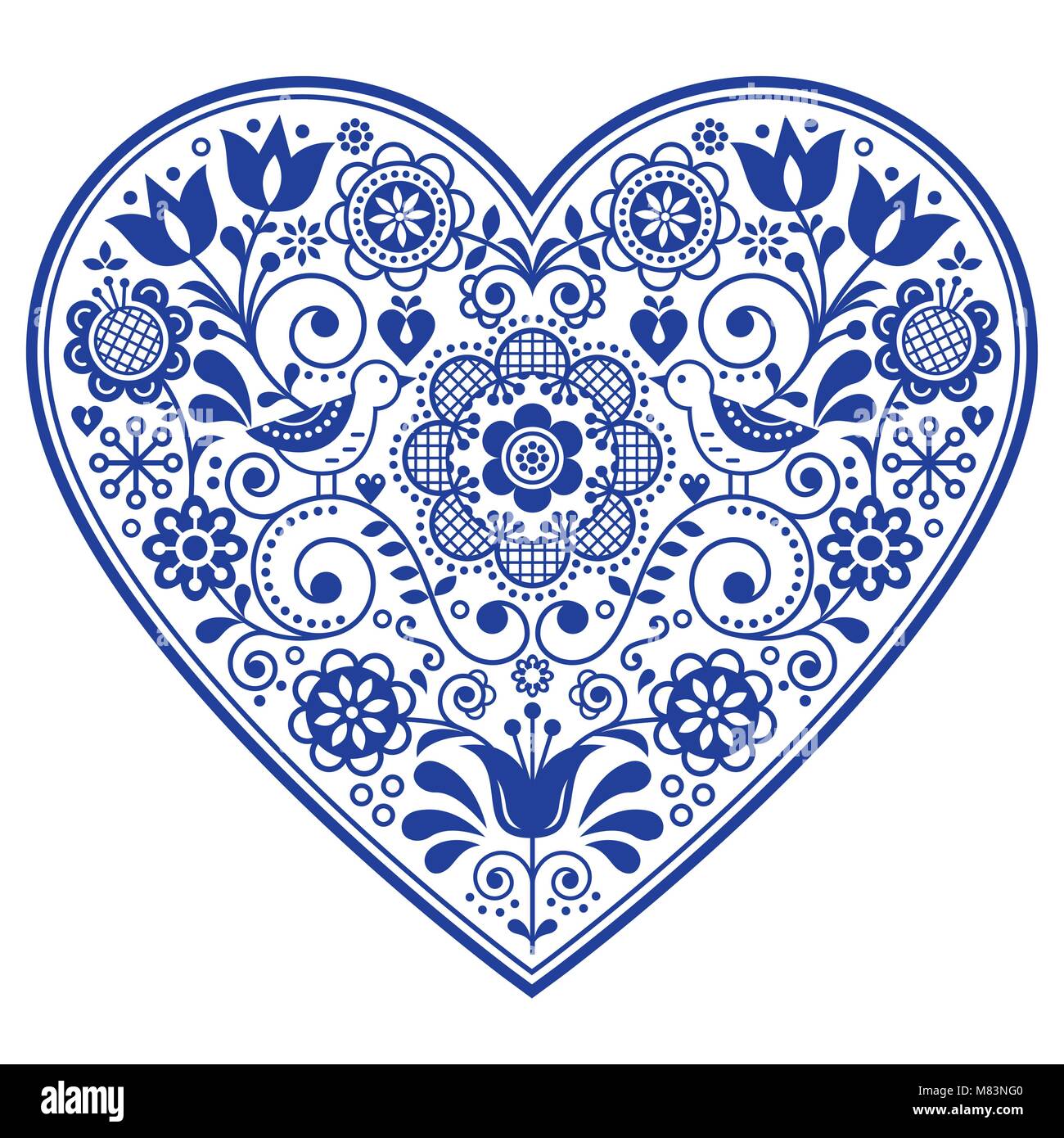 Coeur folk Scandinave design vectoriel, Saint Valentin, anniversaire de mariage ou de carte de vœux, motif floral en bleu marine Illustration de Vecteur