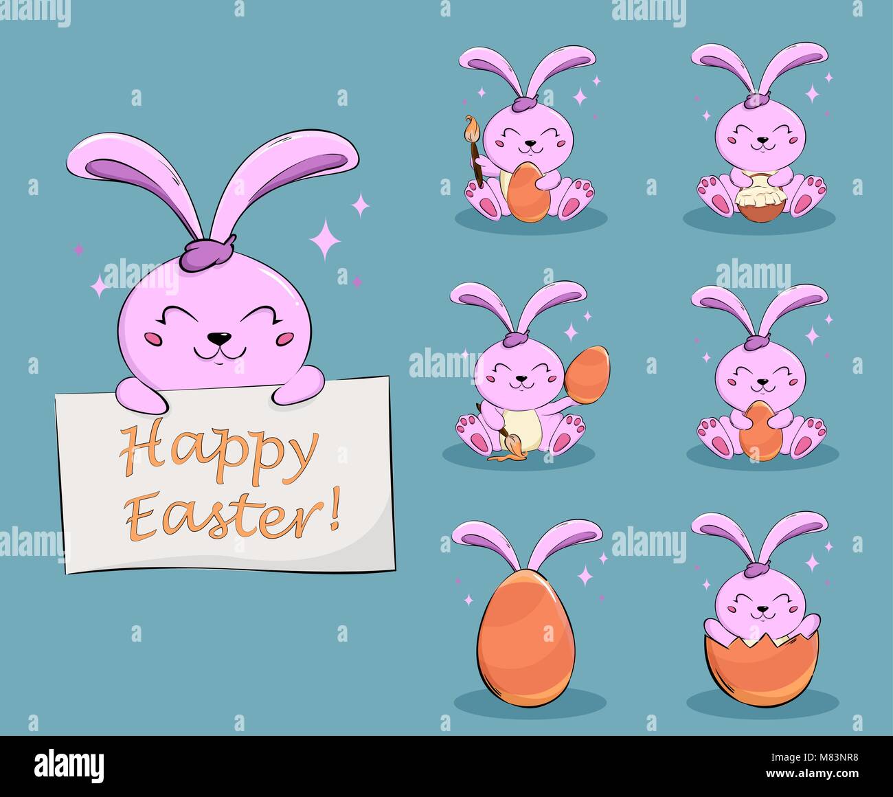 Lapin de Pâques pour les vacances. Ensemble de mignon lapin rose, personnage. Vector illustration. Illustration de Vecteur