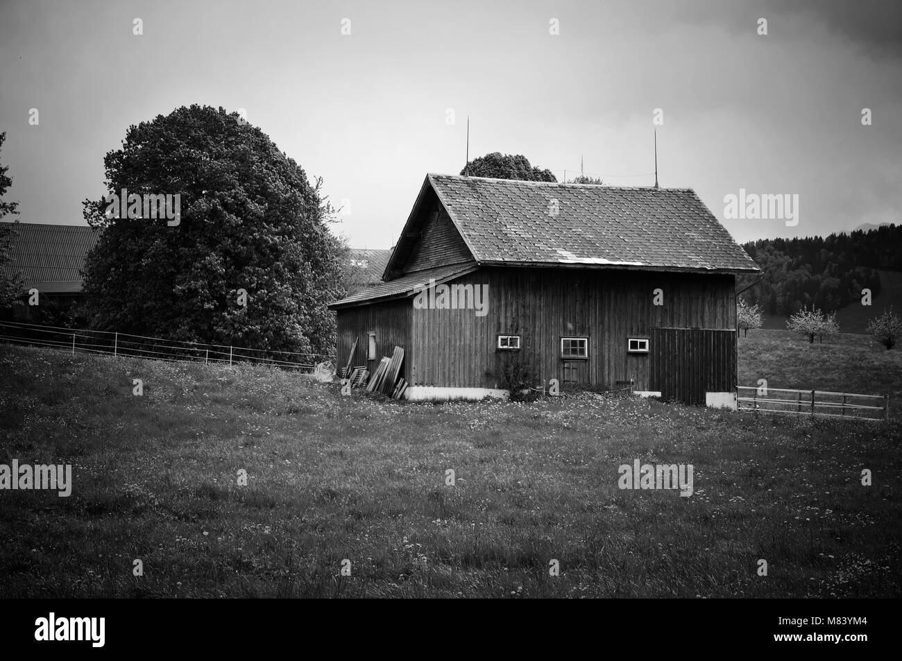 Paysage rural avec ferme à jour sombre, Stein, région Appenzell, Suisse Banque D'Images