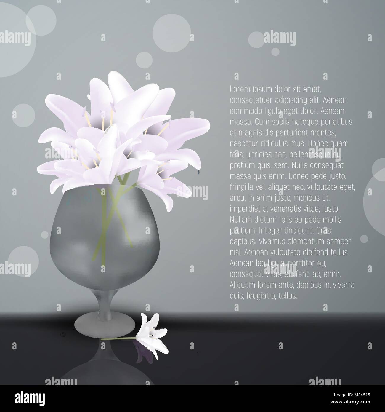 Lily fleurs dans vase en verre. Vector illustration de blooming lilia avec pétales blancs. Place pour votre texte. L'art de beauté avec lilly fleur. Greet mariage Illustration de Vecteur