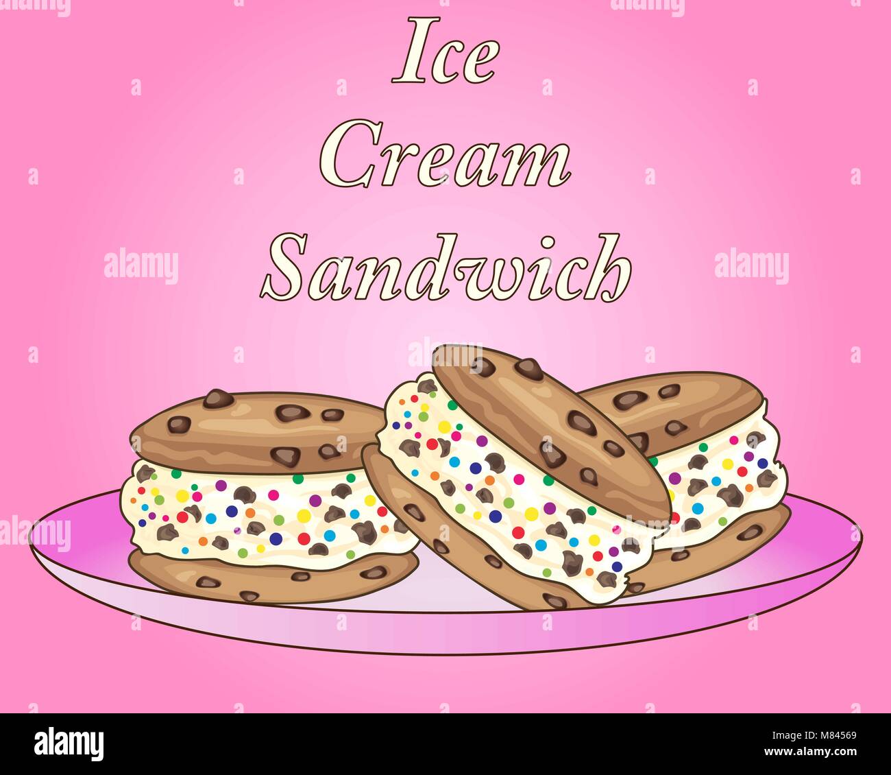 Un vecteur illustration en format eps 10 de sandwich à la crème glacée au chocolat avec des bonbons colorés traite sur une plaque rose Illustration de Vecteur