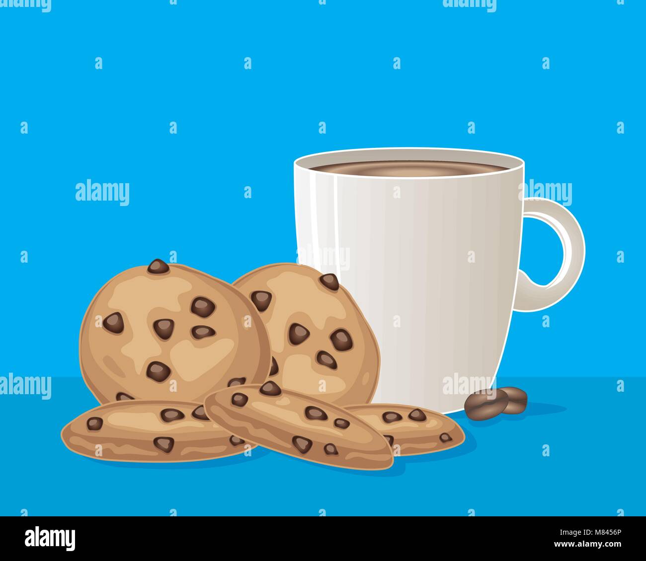 Un vecteur illustration en eps 10 format d'une grande tasse de café blanc avec des cookies aux pépites de chocolat sur fond bleu turquoise Illustration de Vecteur