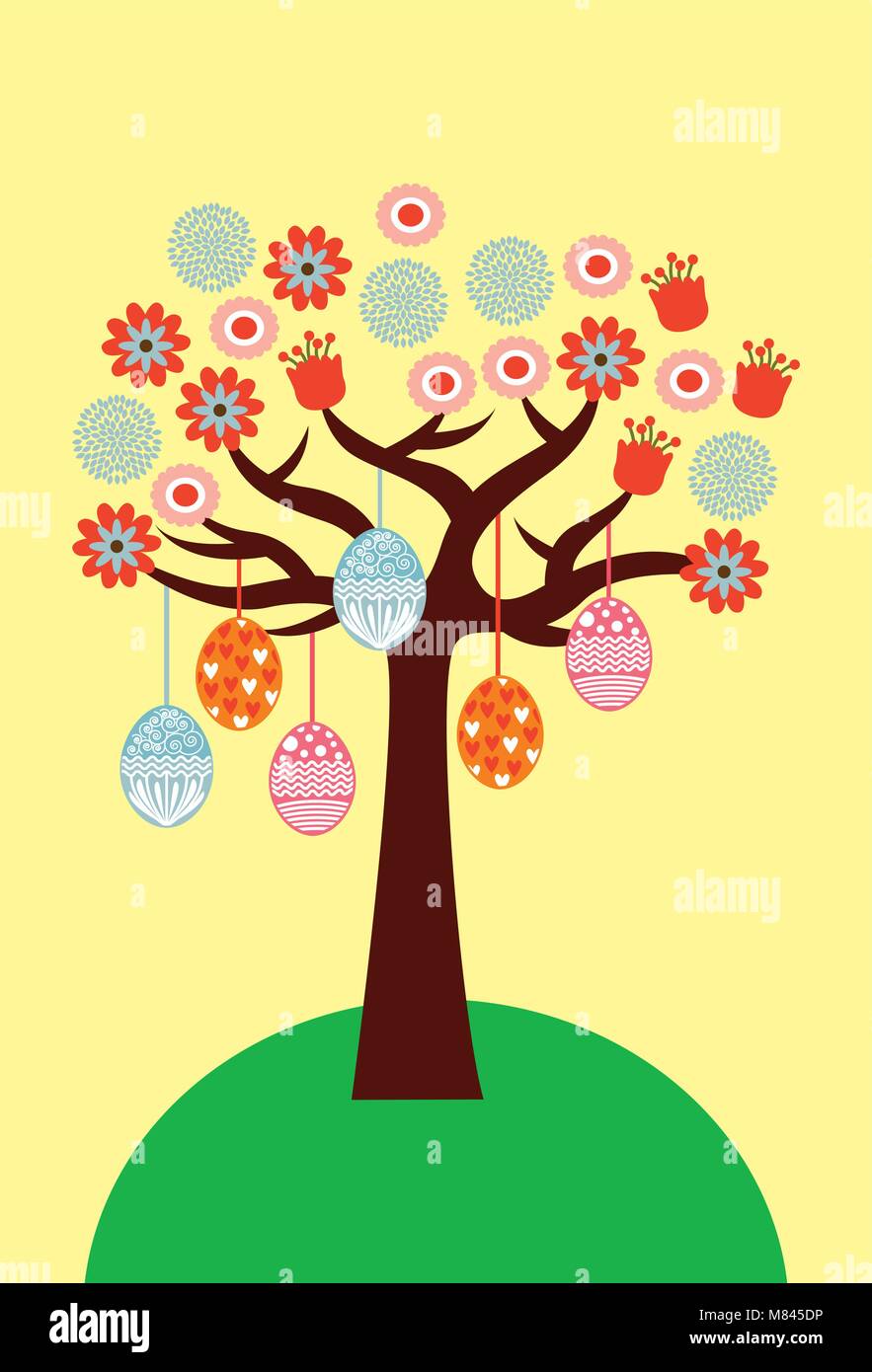 Arbre décoratif délicat mignon avec des fleurs et des œufs de pâques vector illustration Illustration de Vecteur