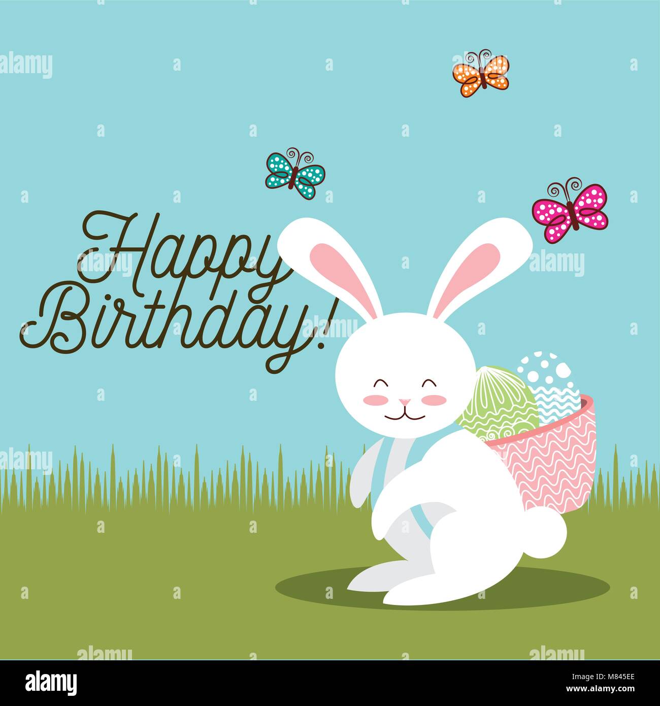 Carte Joyeux Anniversaire Sweet Bunny Avec Panier Oeufs De Paques En Retour Vector Illustration Image Vectorielle Stock Alamy