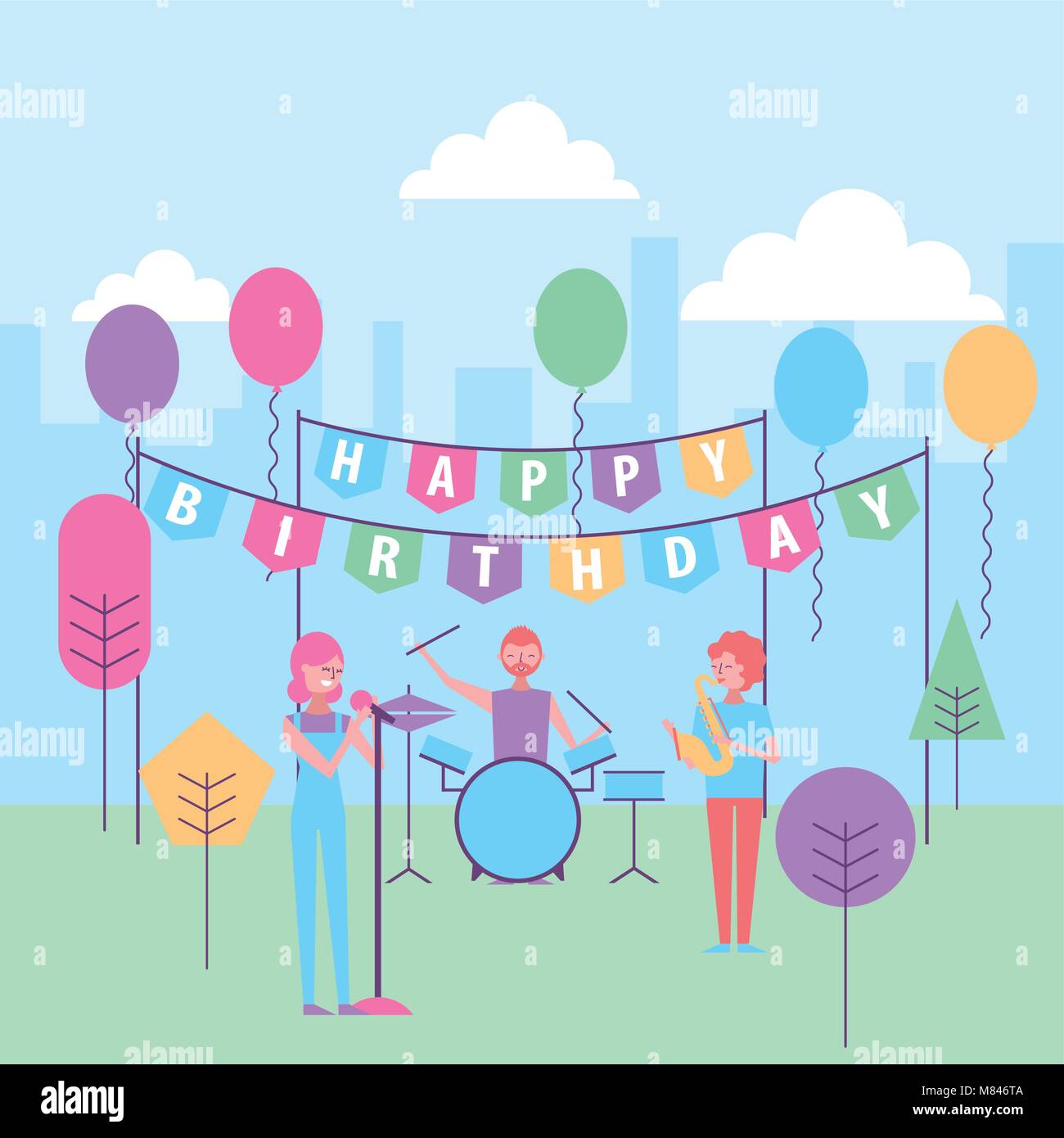 Musicien Celebre Groupe De Gens Joyeux Anniversaire Dans Le Parc Cartoon Vector Illustration Image Vectorielle Stock Alamy