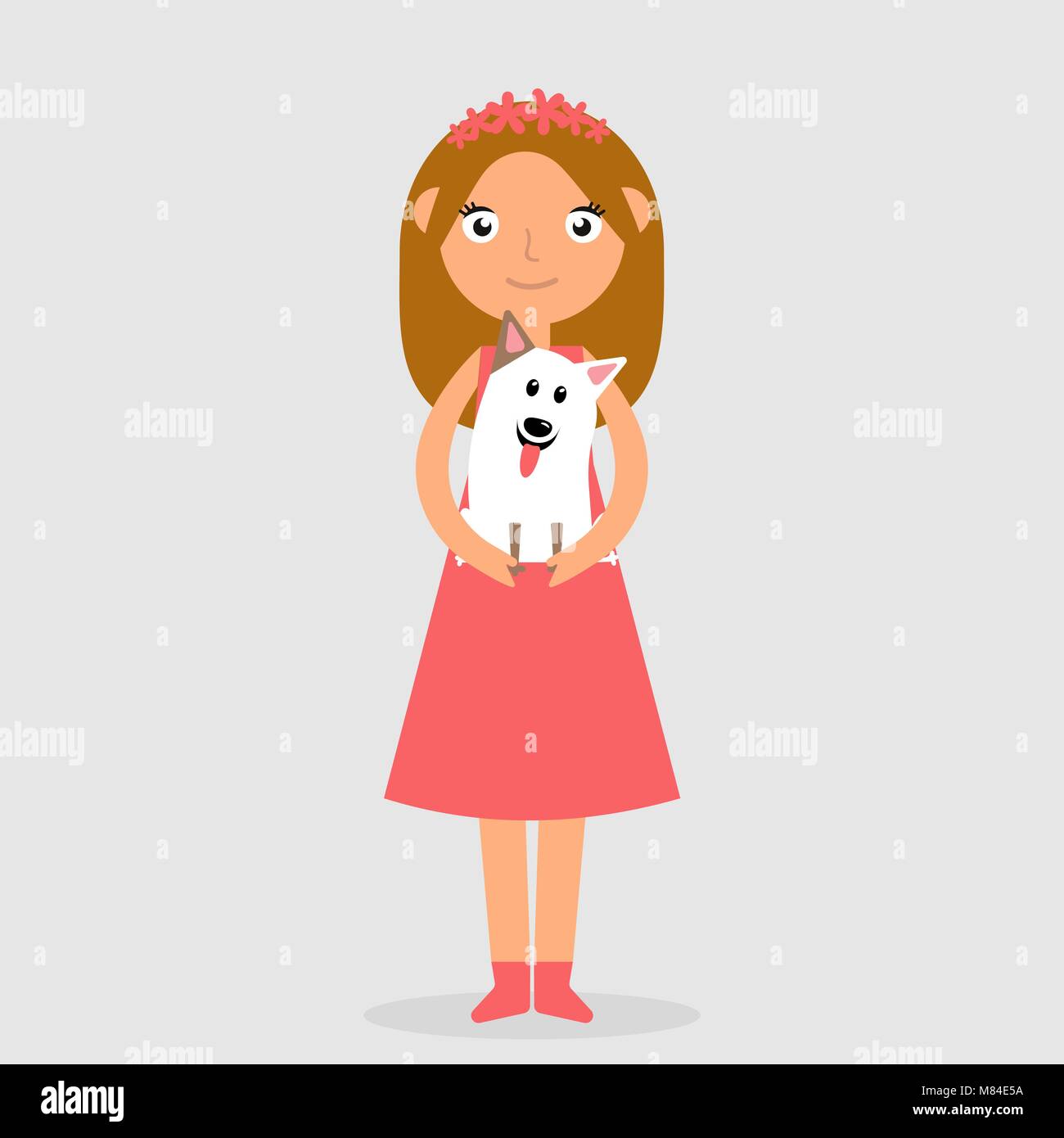 Happy girl tenant un chien dans ses bras et souriant Illustration de Vecteur